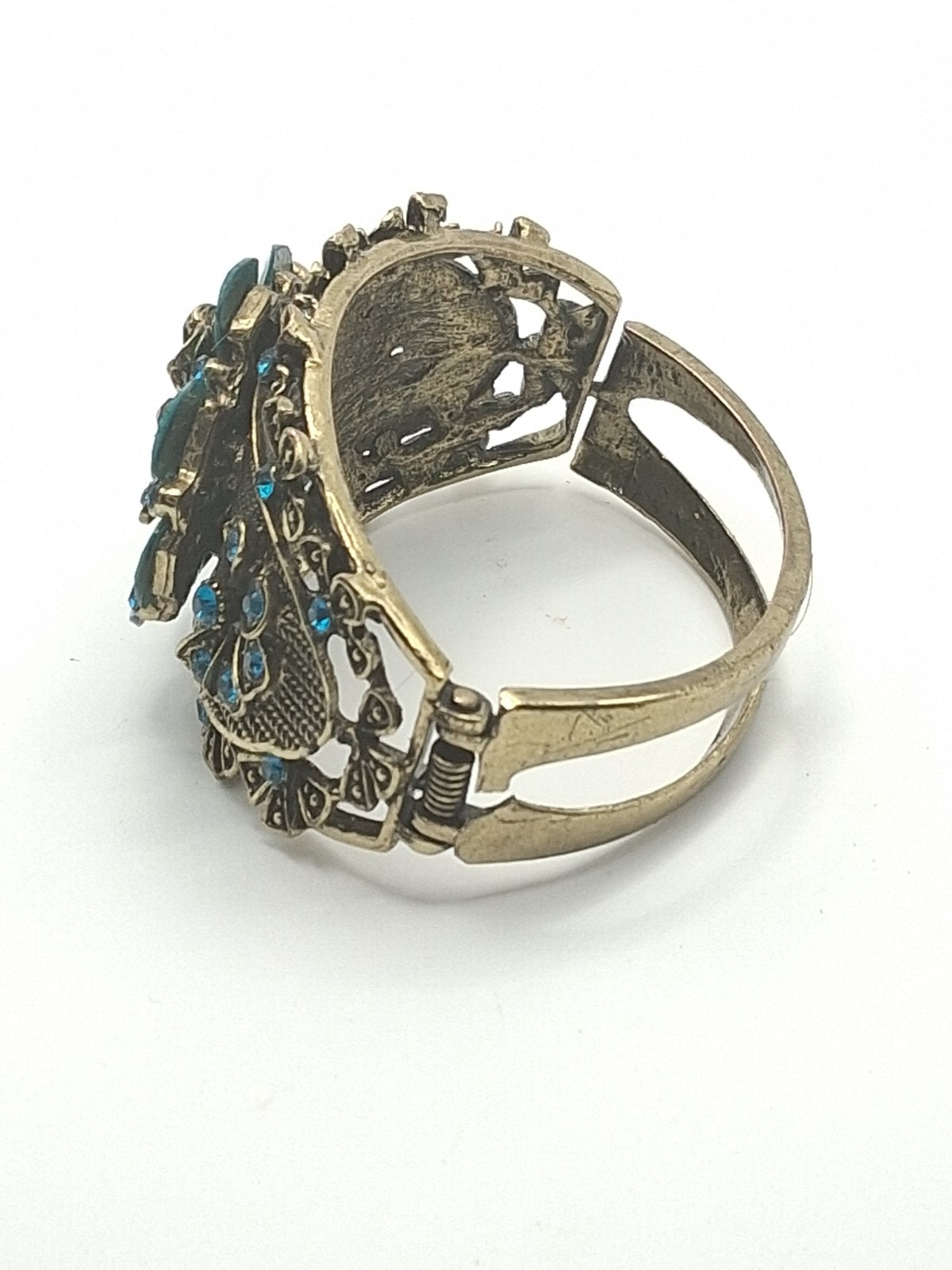 Victorian Style Filigree Cuff Bracelet Wide Blue Rhinestone Faux Turquoise