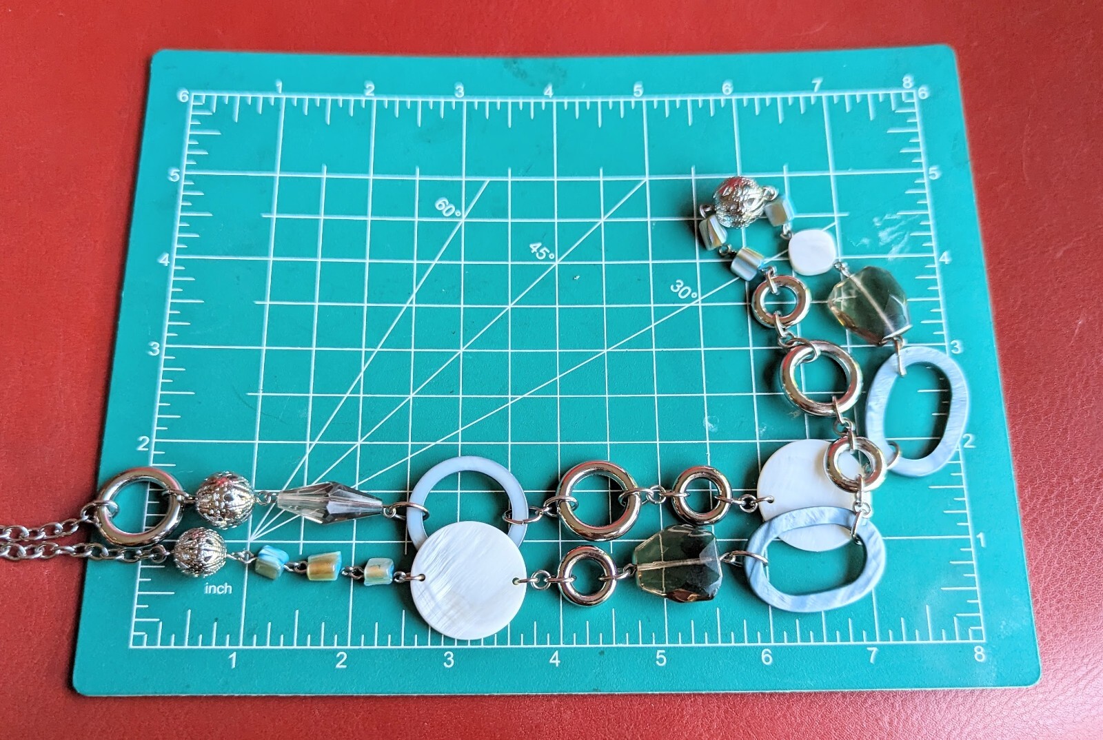 LIA SOPHIA Silver Tone Necklace 36″ + Blue Shell Circle Brown Smokey Glass Beads