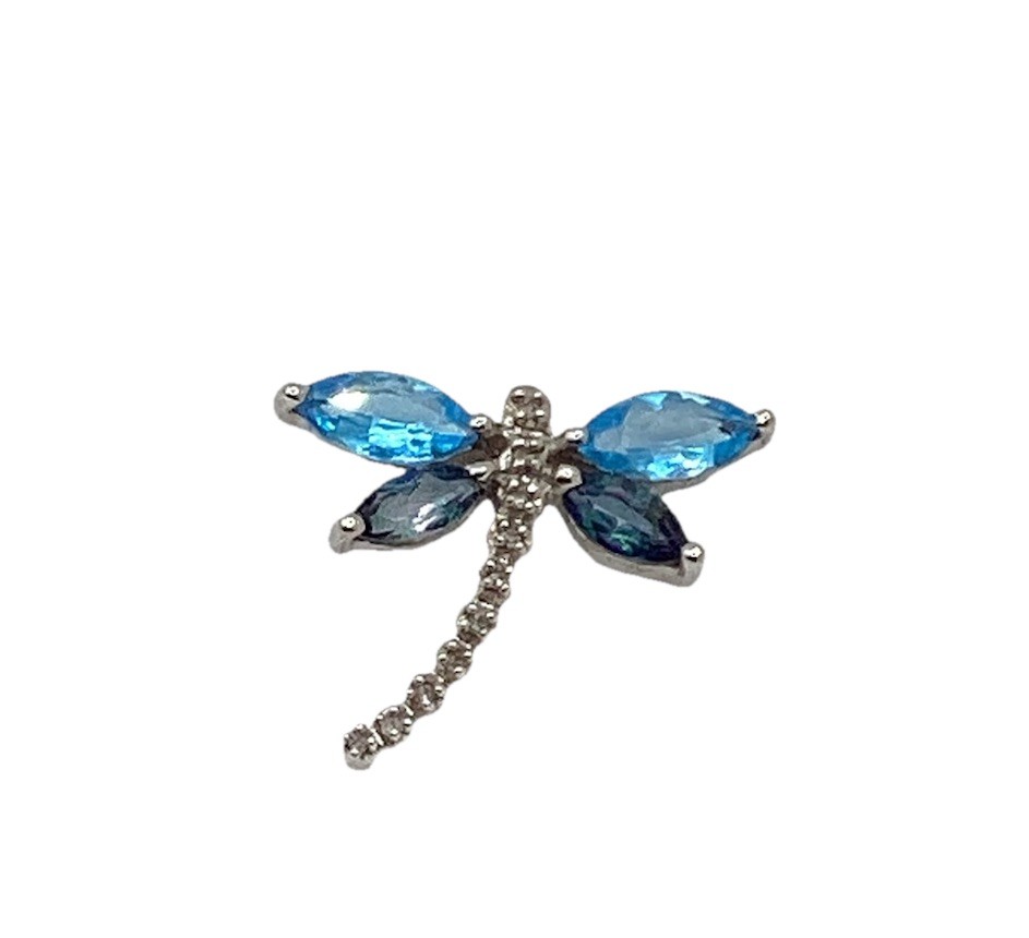 NOVEMBER BIRTHSTONE !! 10K White Gold Blue Topaz Dragonfly Pendant 1.73 Grams