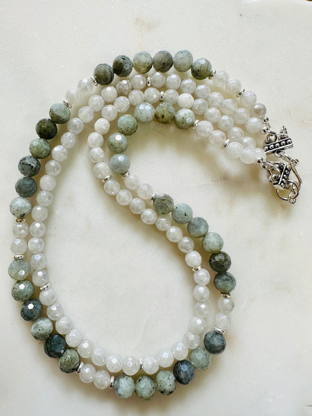 Labradorite Silverite Double Strand Beaded Necklace Non-Tarnish Silver Plated P