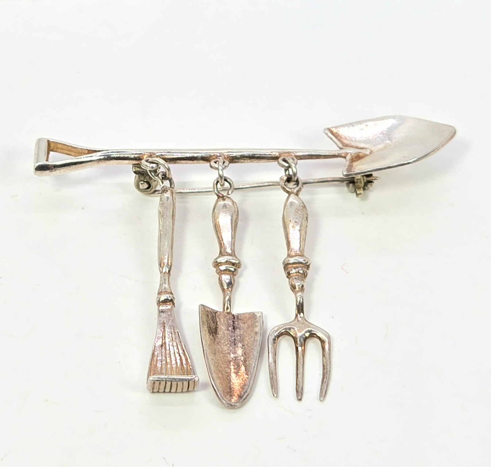 Vtg Sterling Gardening Brooch Pin Spade Trowel Fork Dangle Charm 925 Silver MEOW