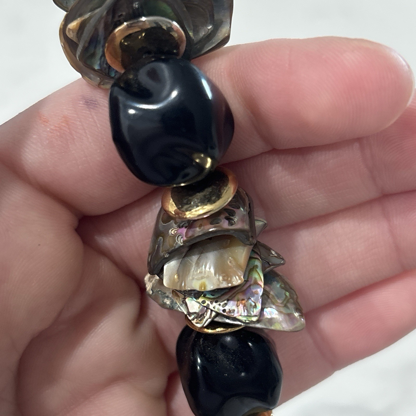 Vintage Beaded Statement Necklace Carved Abalone Shell Leaf Boho Black 80s 90s