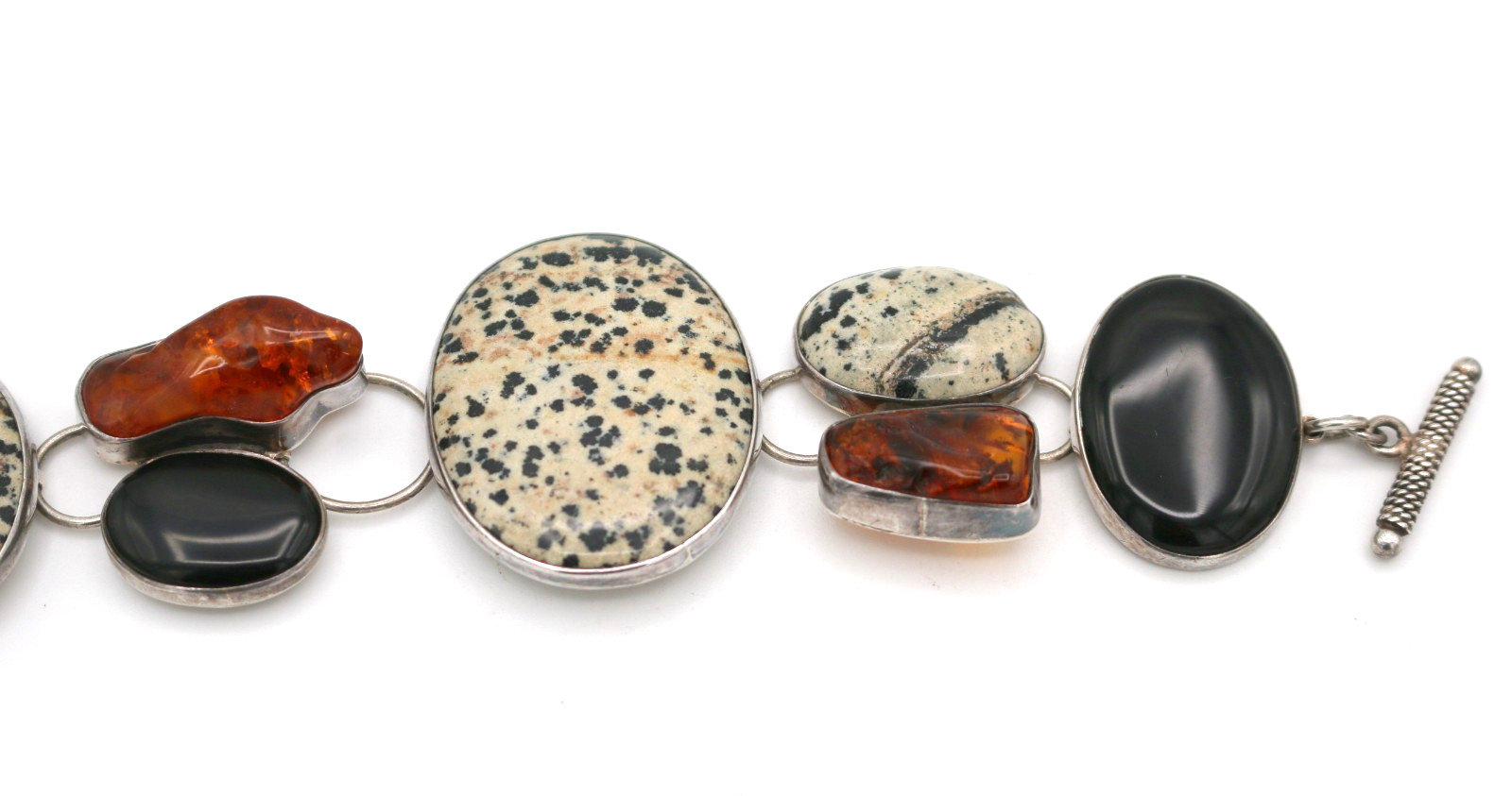 AKR Amy Kahn Russell 925 Sterling Silver Dalmatian Jasper, Amber & Onyx Bracelet