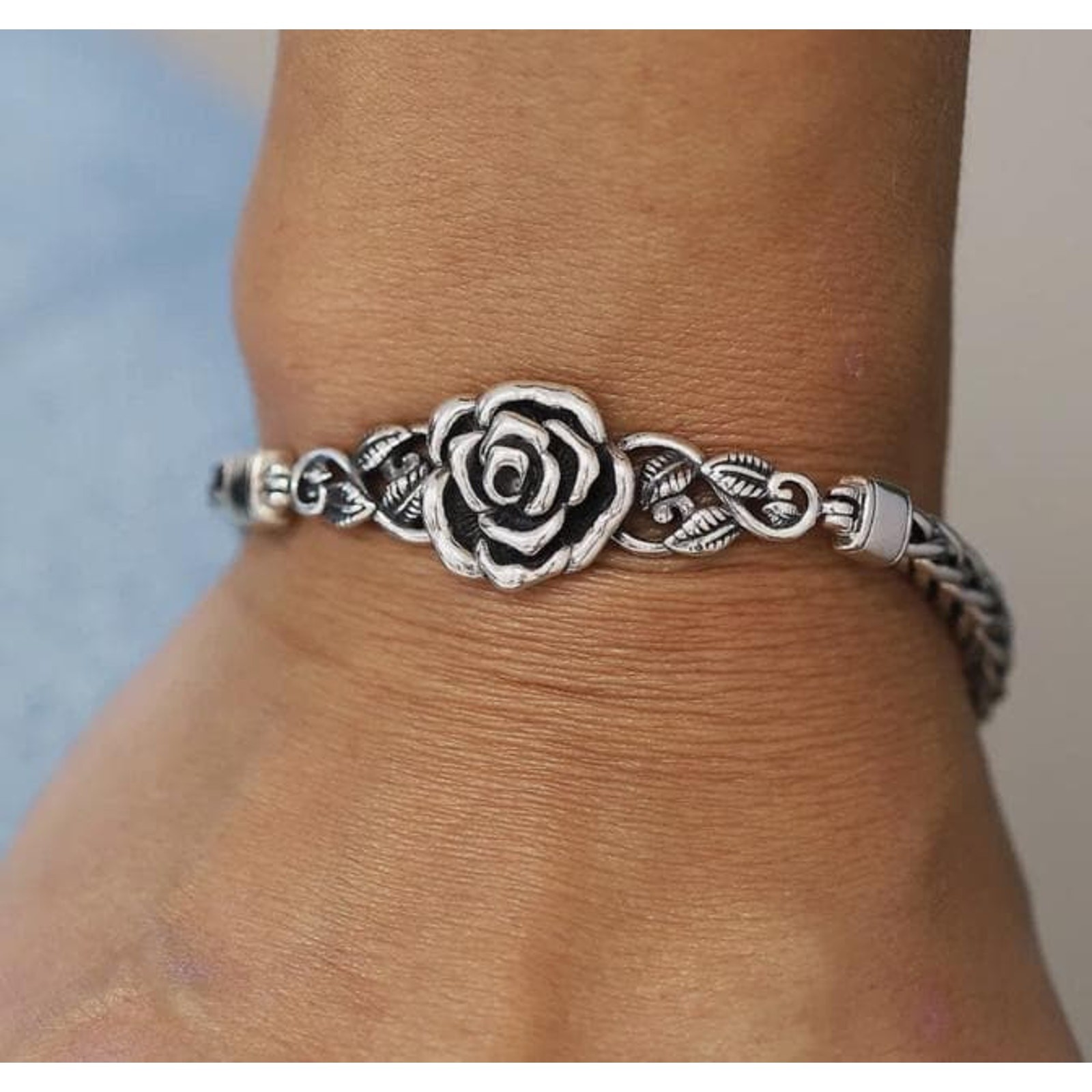 Or Paz Israel Sterling Silver Rose Flower Spiga Wheat Chain Bracelet