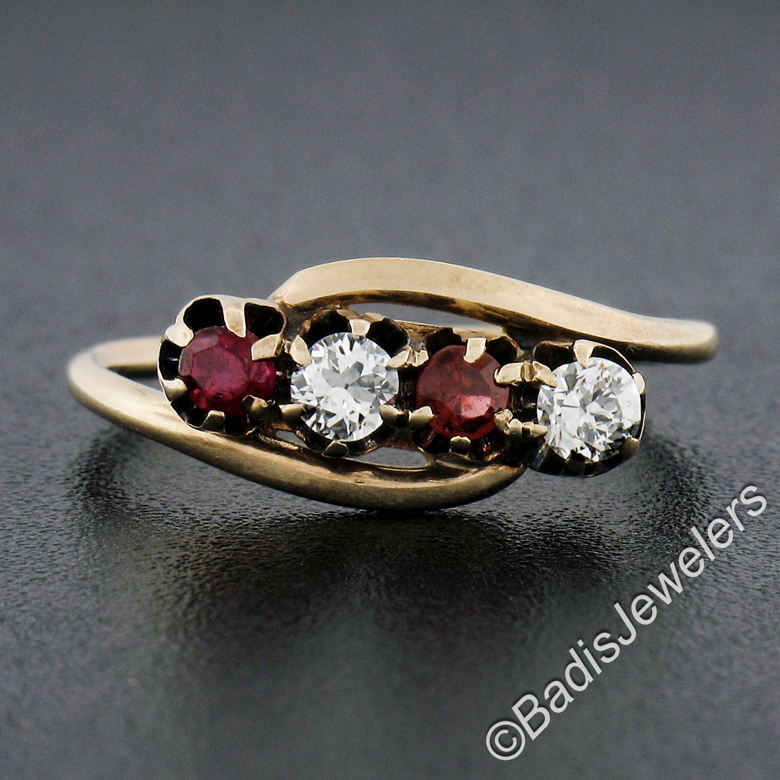 Antique Victorian 14k Gold Buttercup Lab Created Ruby 0.20ctw Diamond Band Ring