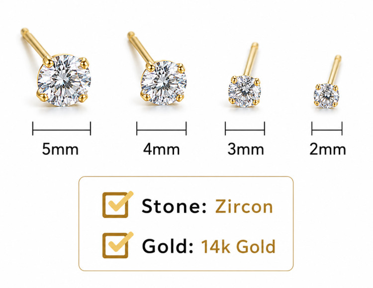 14K AU585 Gold Mini Zircon Stud Earrings Vintage 4mm Pairs