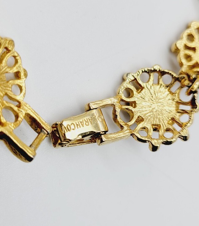 Sarah Coventry Bracelet Filigree Flower Cabochon Link Vintage 7.25 in