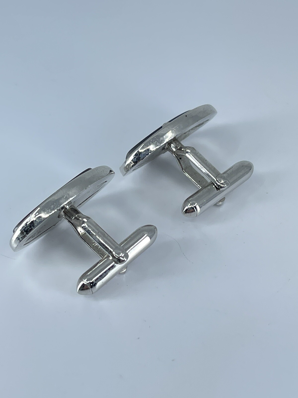 Vintage Swank hematite cufflinks long oval open silver tone design 3/4″