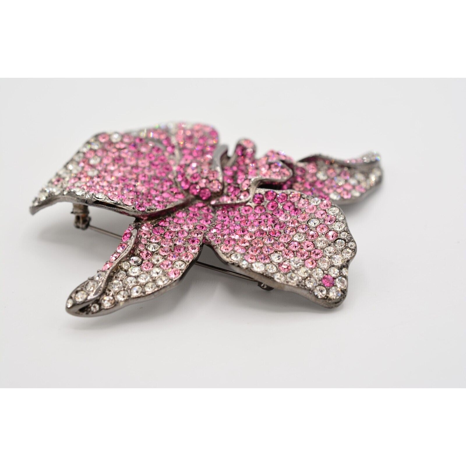 PJM Crystal Flower Brooch Pin 4″ Rhinestone Pink Gunmetal Vintage Signed BinV