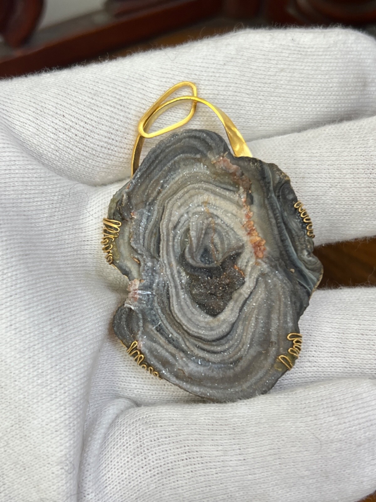 Modernist Gild Gold Neck Pendant Chalcedony Agate Geode Silver Mount Art Frame