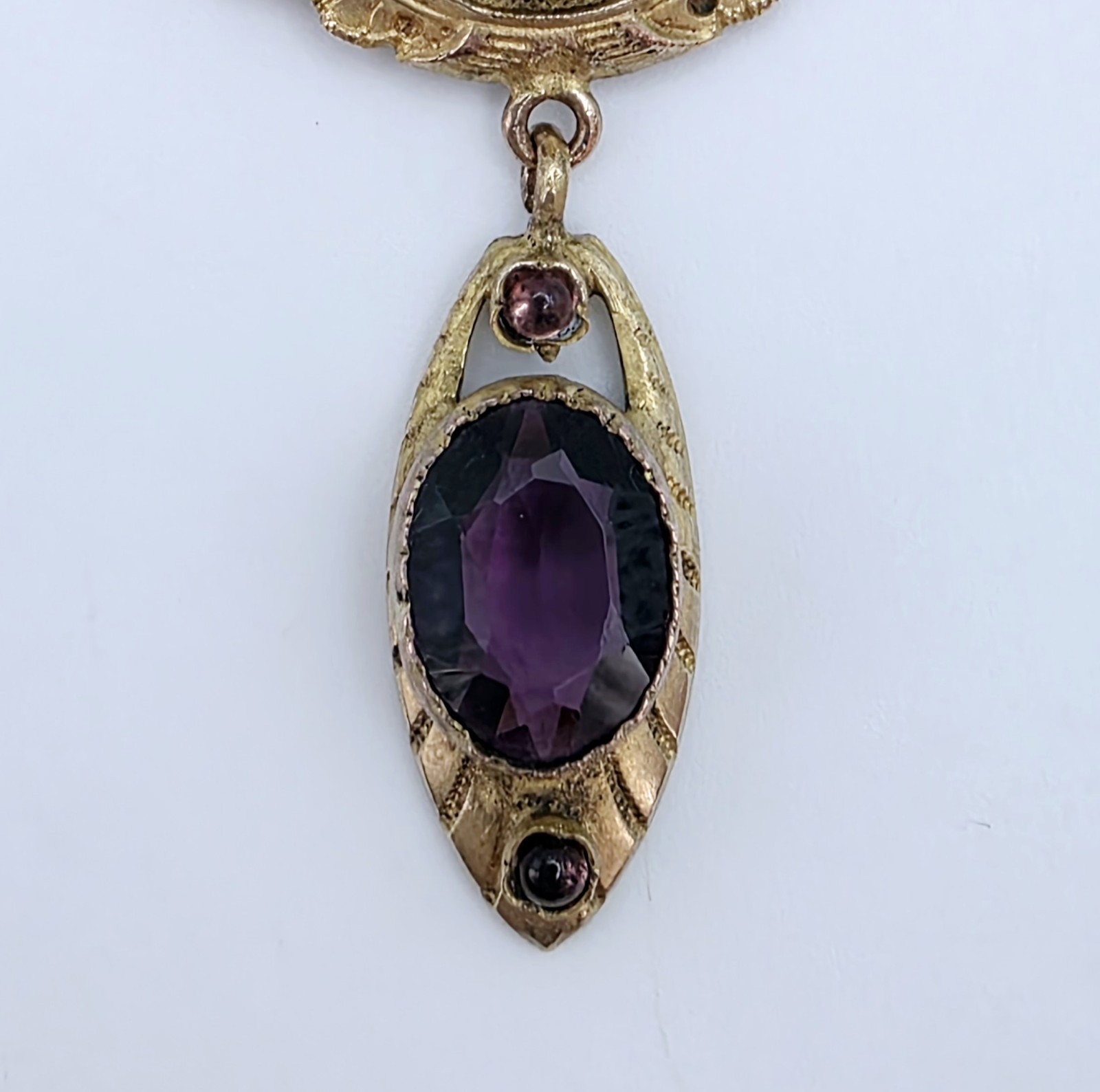 Antique Austro Hungarian Floral Filigree Lace Pendant Necklace Purple Glass