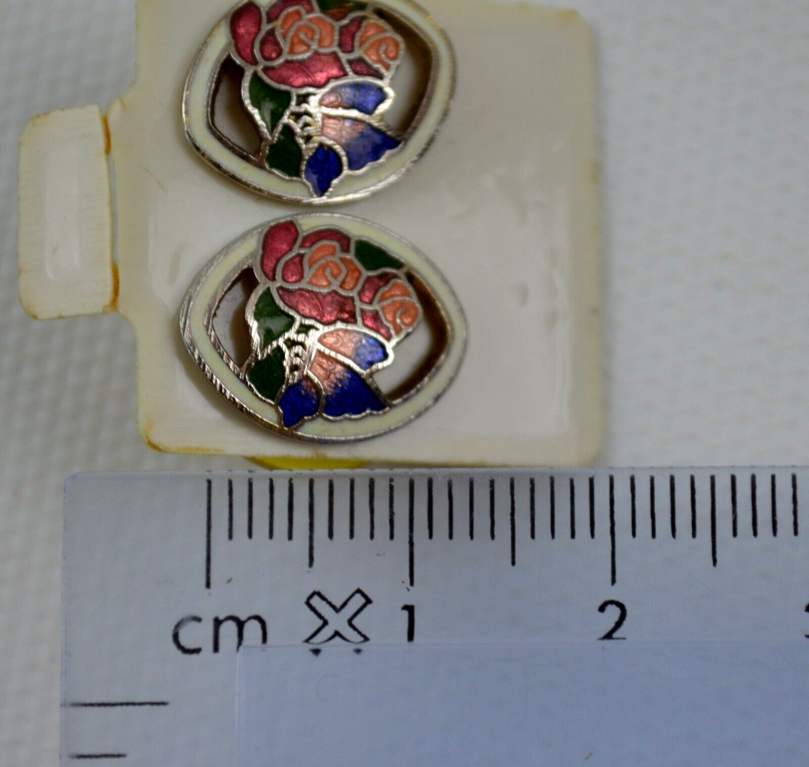 New Vtg Enamel Coated Pierce Post Earrings Pink Flower & Blue Butterfly 1/2 inch