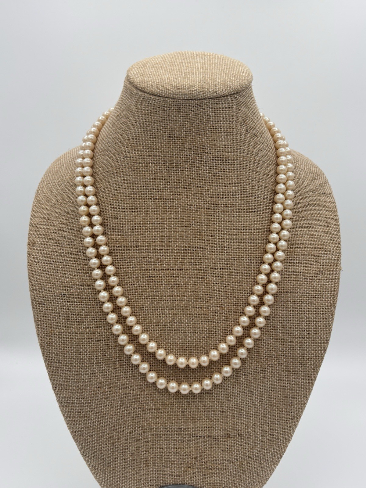 Vintage Hand Knotted Faux Pearl Double Strand Rhinestone Floral Clasp Necklace