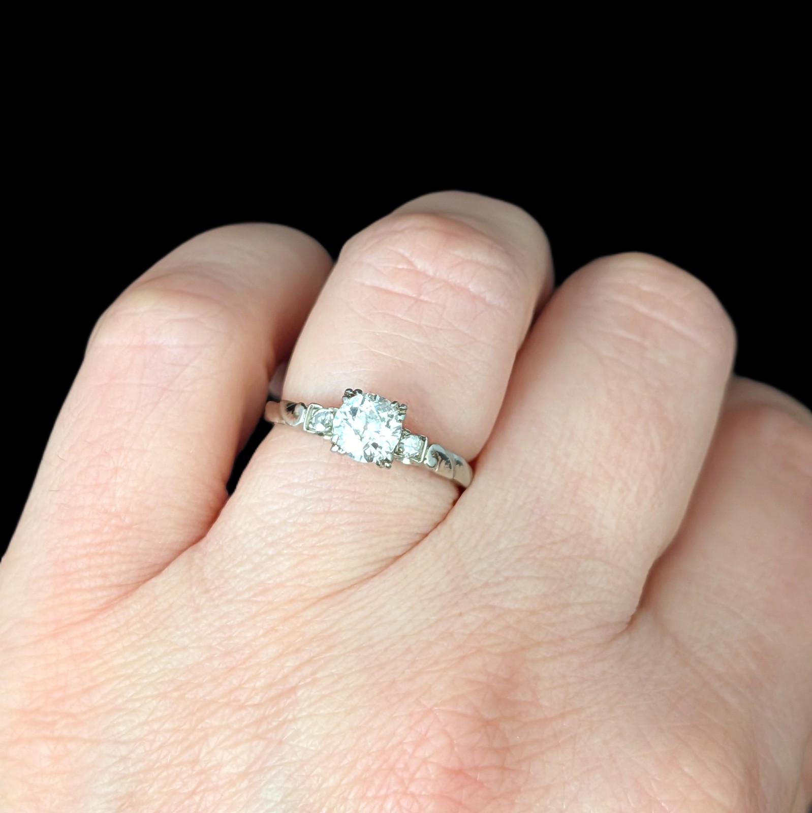 Vintage Old European Cut Diamond 14k White Gold Engagement Ring Estate Retro
