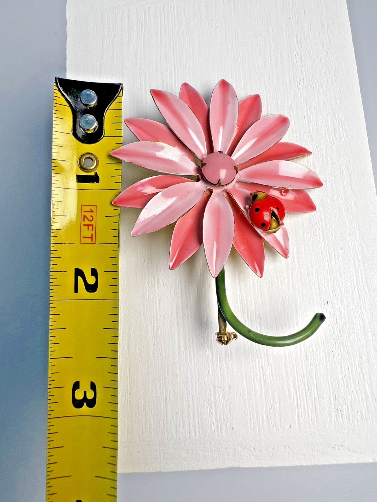 PRECIOUS Original By Robert Pink Daisy Enameled Metal Brooch with Ladybug
