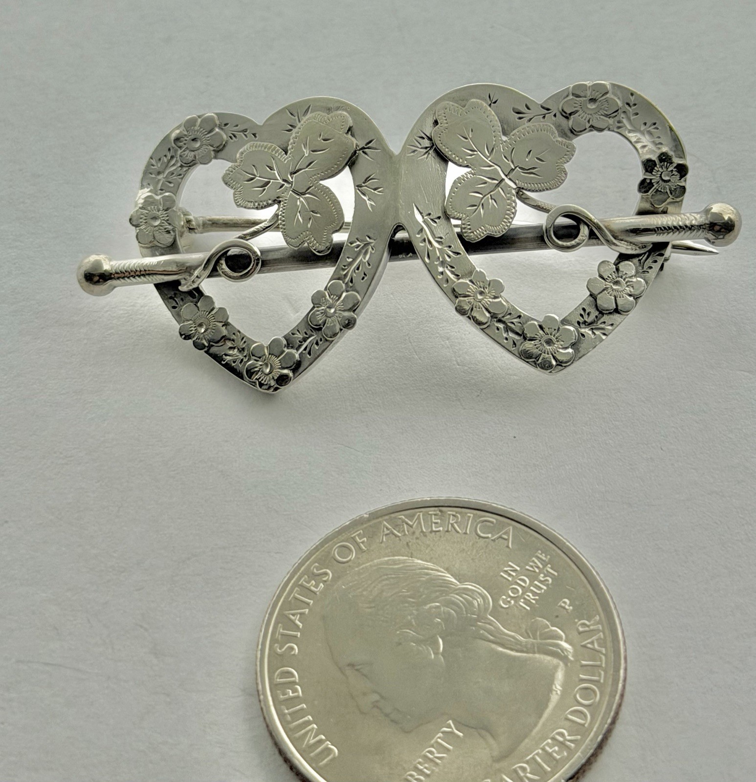 Victorian Sweetheart Entwined Hearts & Clover Sterling Hallmarked Brooch 1891