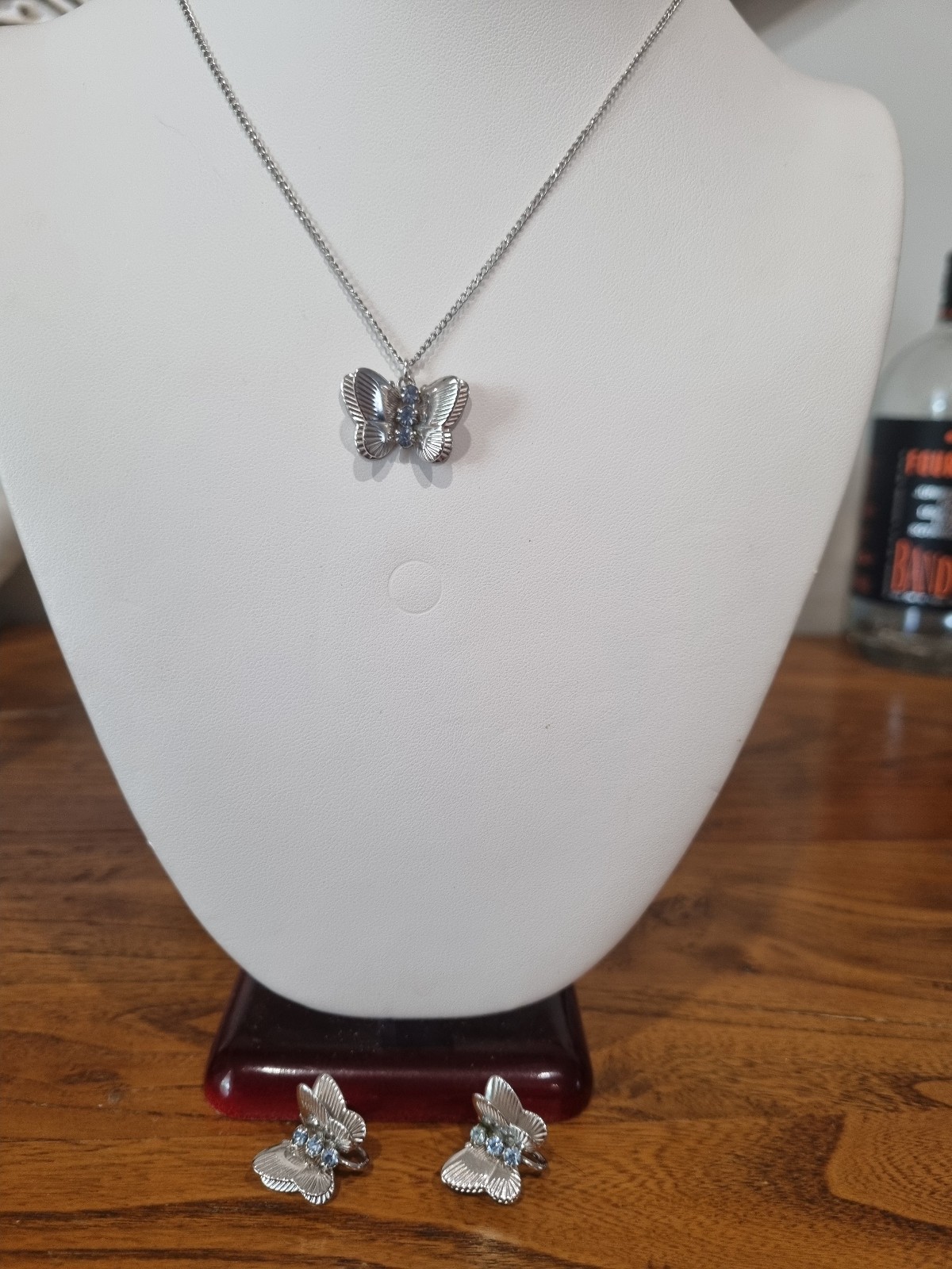 Vintage 14k White Gold Flled Butterfly Pendant Earring Set Blue Stones See Video