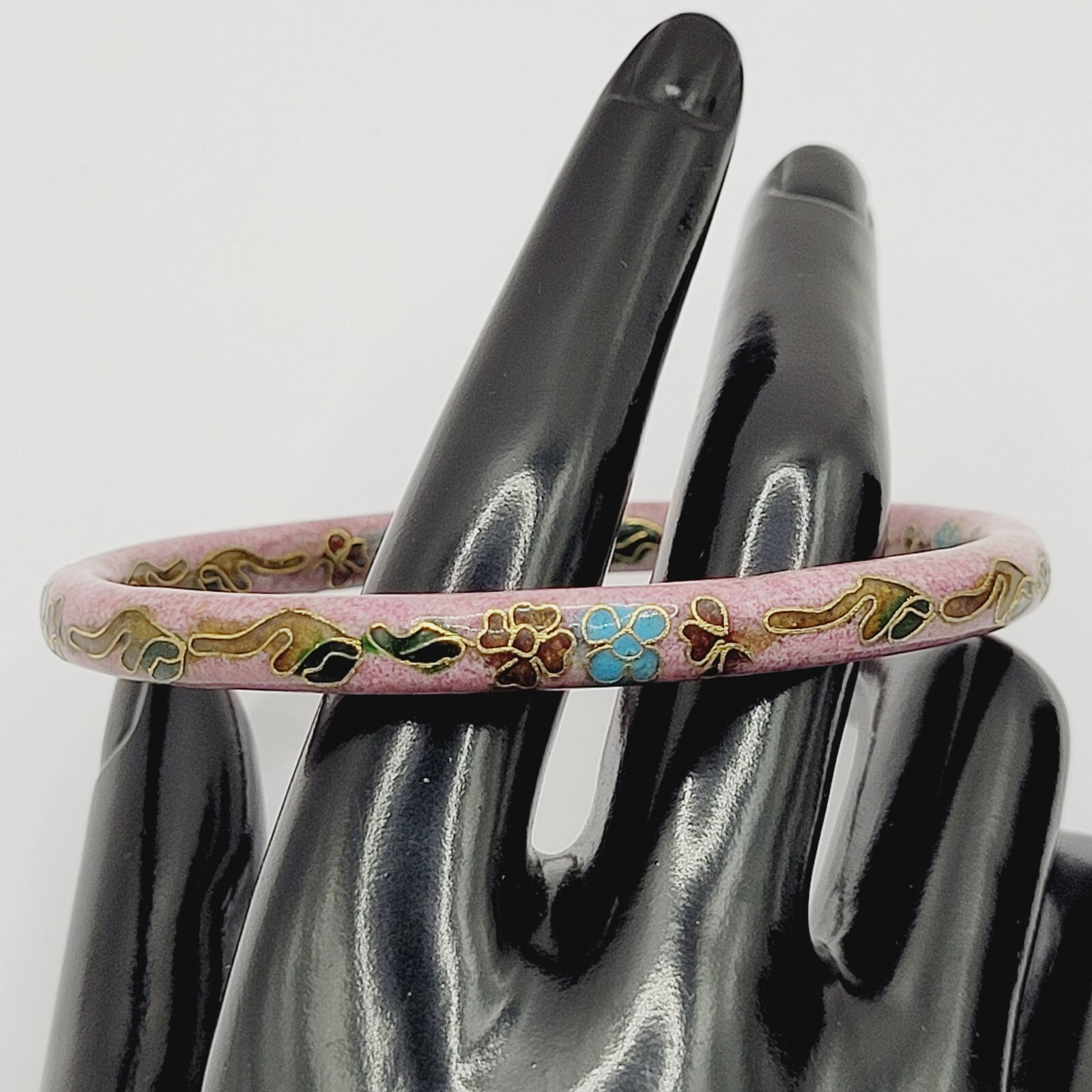 Cloisonné Asian Inspired Rose Mauve Color Floral Hand Painted Bangle Bracelet