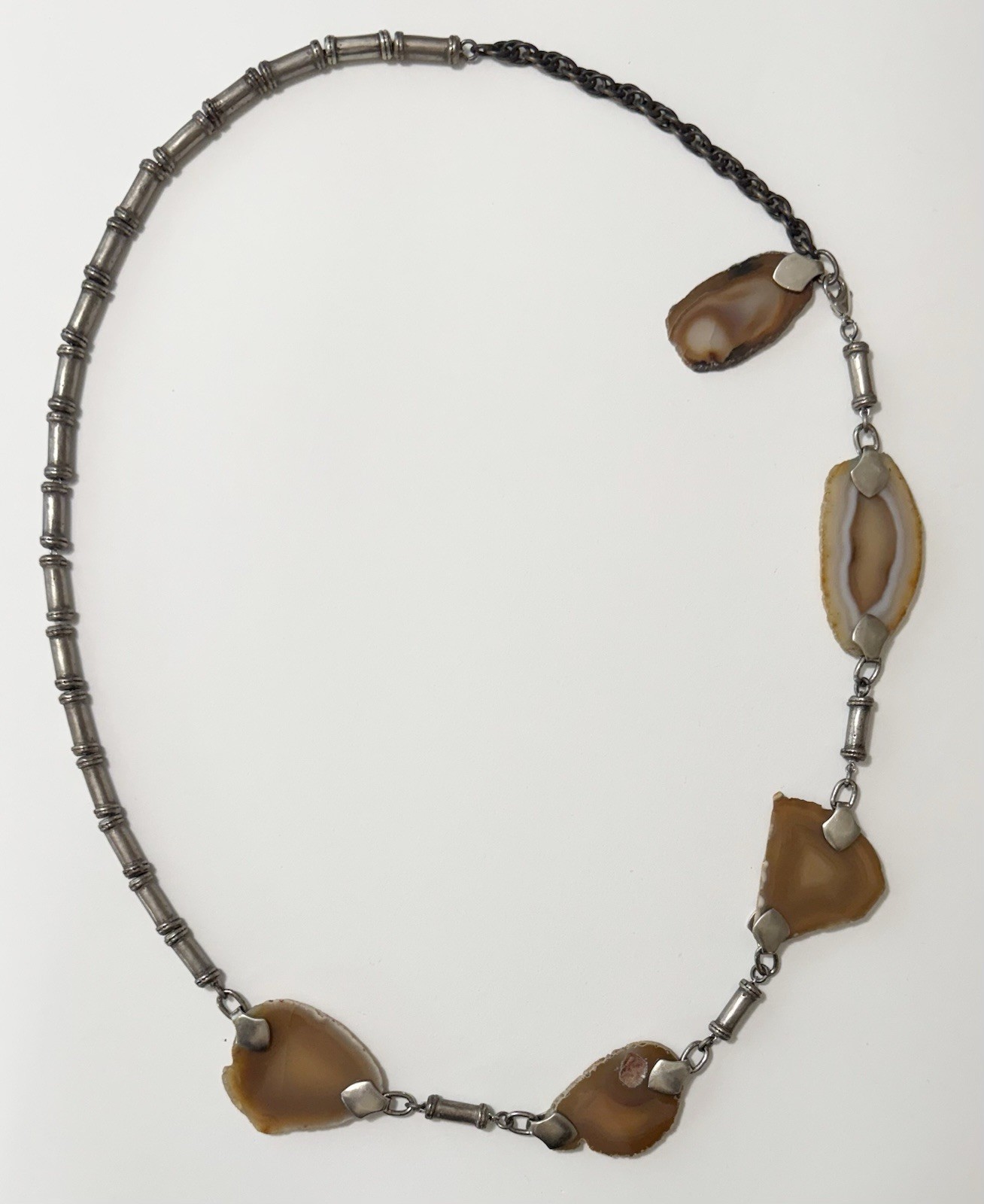 Modernist Pewter Tube Bead & Agate Geode Slices Chain Belt or Necklace 34”- 40”