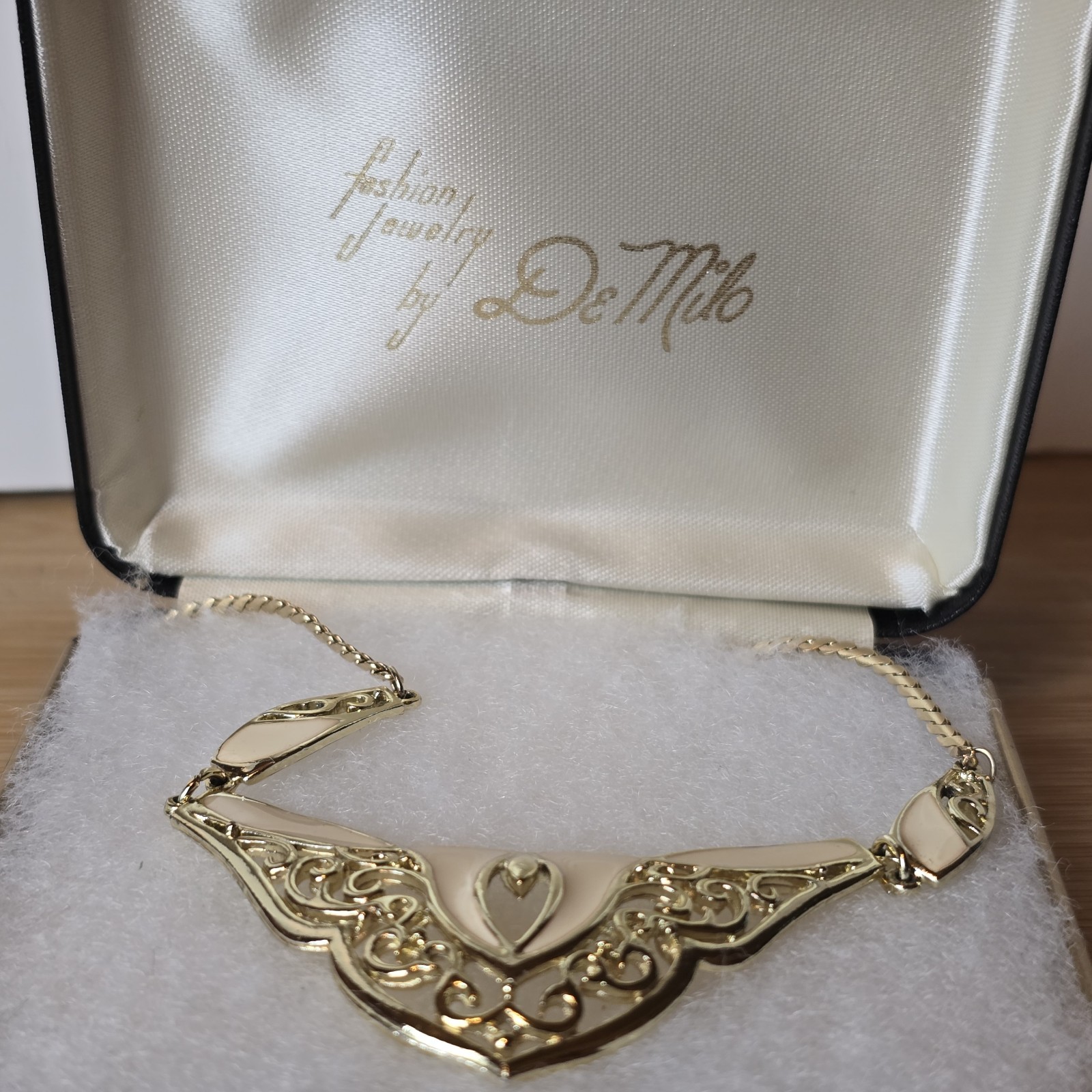Vintage DeMilo Ivory Enamel Filigree Bib Necklace Statement Collar Art Nouveau