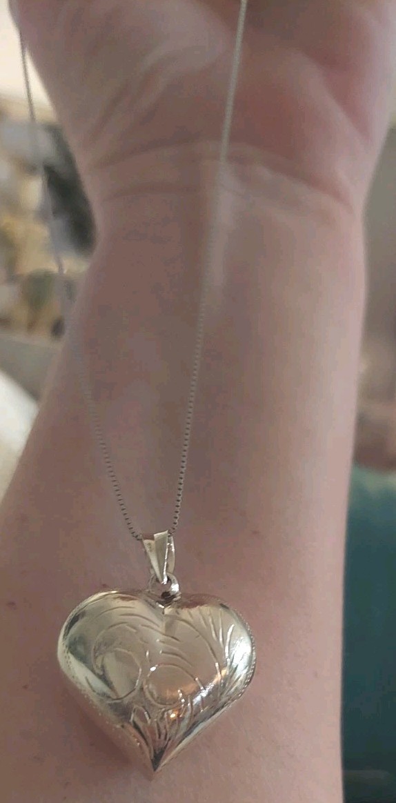 Vintage Sterling Silver Large Etched Puff Heart Necklace