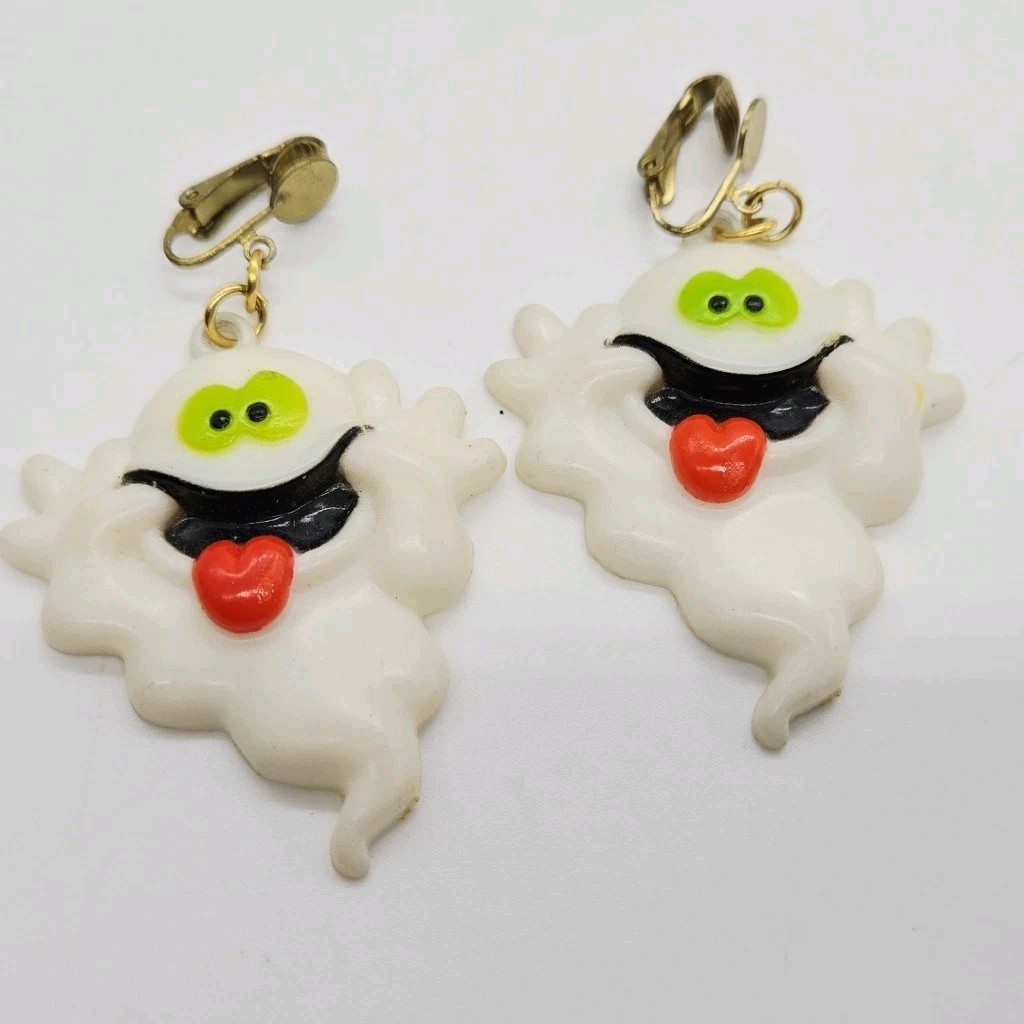 Ghost Clip on Earrings Halloween Costume Ghoul Spirit Signed Fun World Vintage