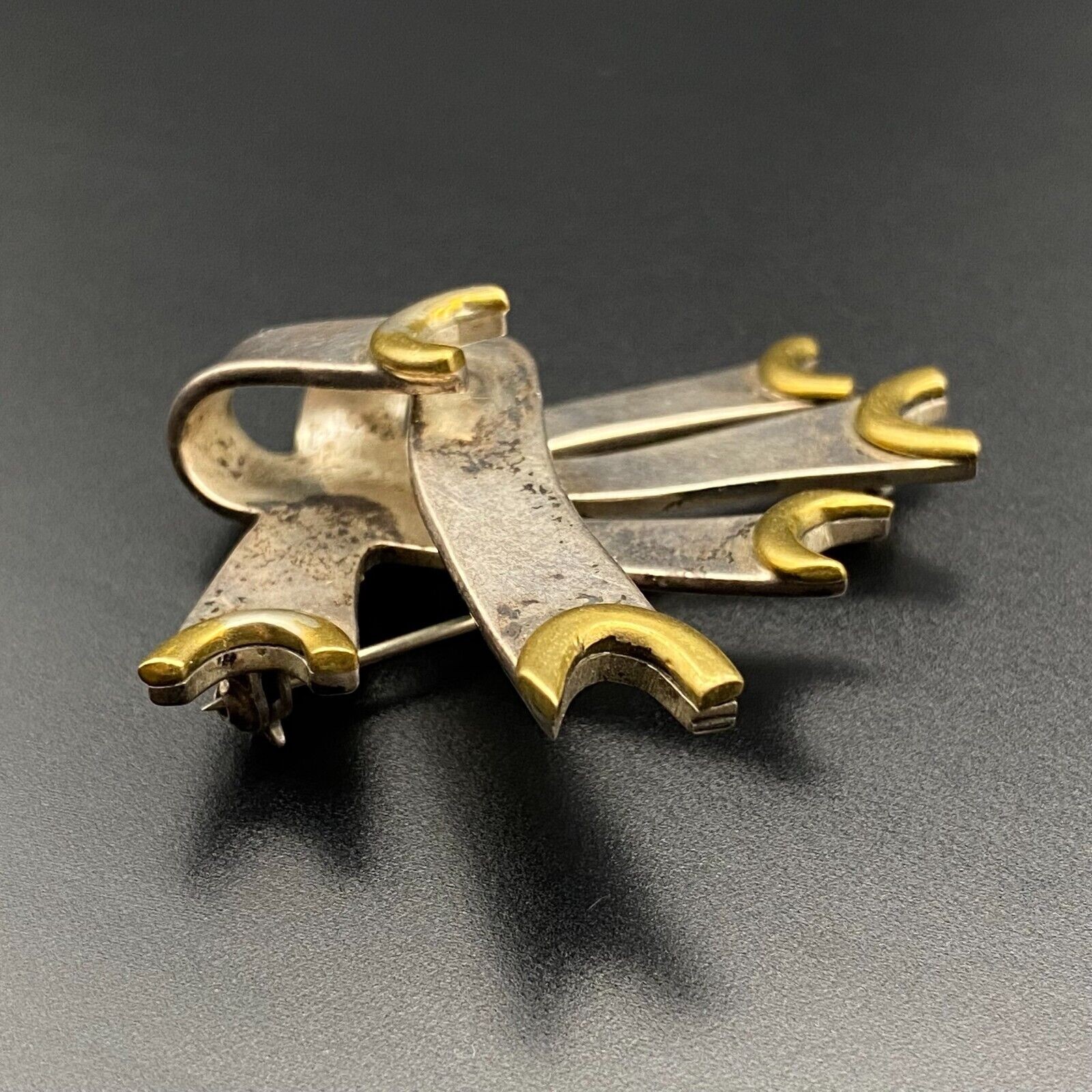 Vintage Modernist Abstract Mixed Metal Sterling Silver Brass Pin Brooch