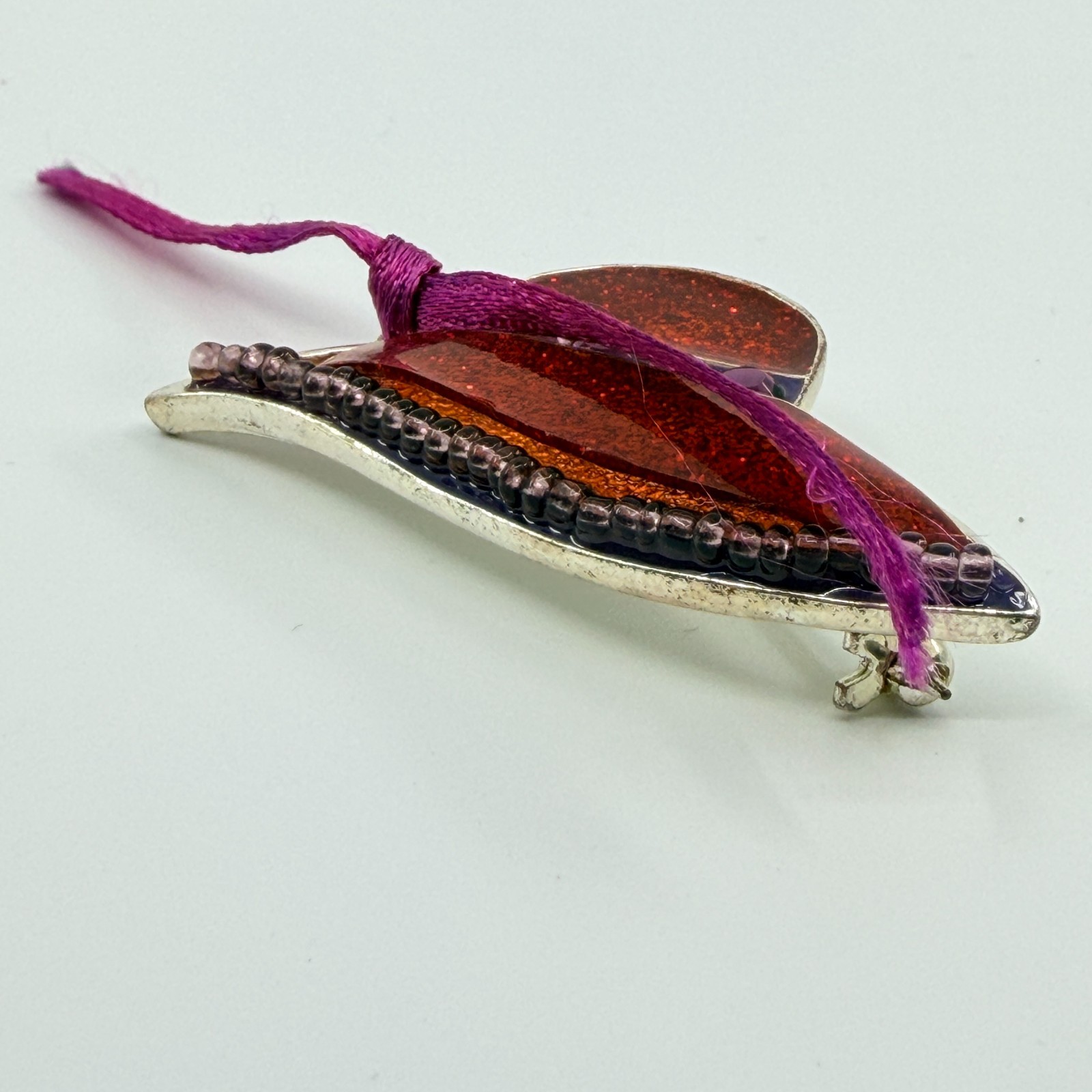 Vintage Chico’s Red Glitter Enamel Sun Hat Brooch Purple Ribbon Beaded Pin