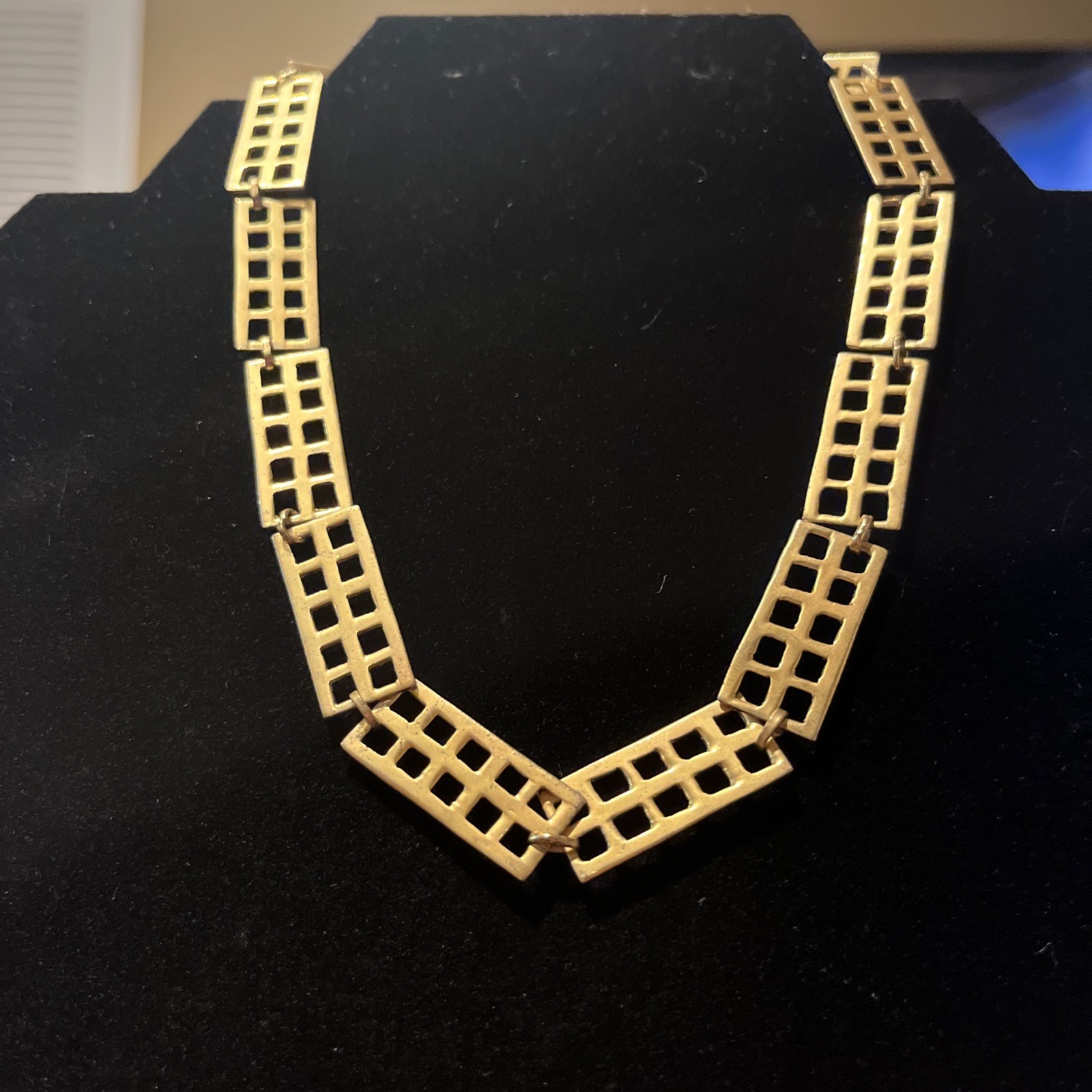 VTG Crown Trifari Jewelry gold tone panel necklace geometric design matte finish