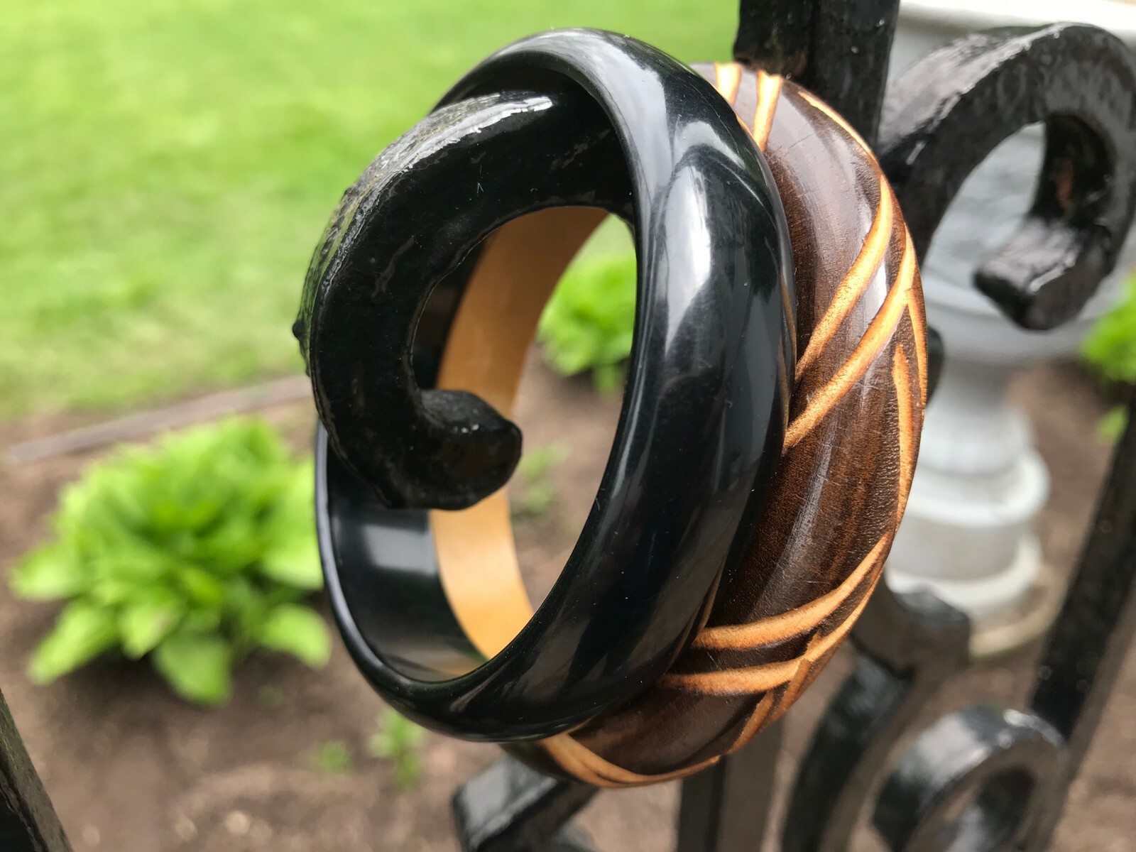 Vintage Bangles Mixed Pair, Lucite and Wood