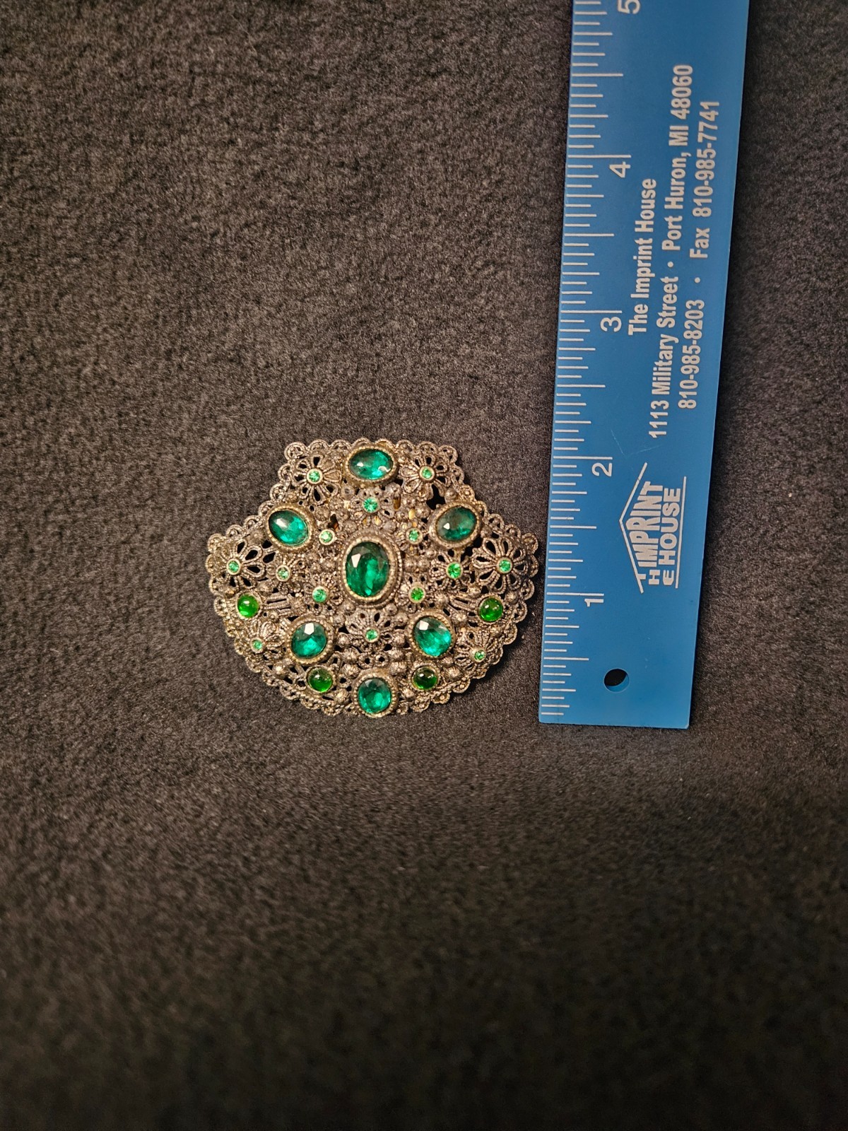 New England Glass Works Antique Brooch Pin Blue Rhinestones Filigree Marked Read