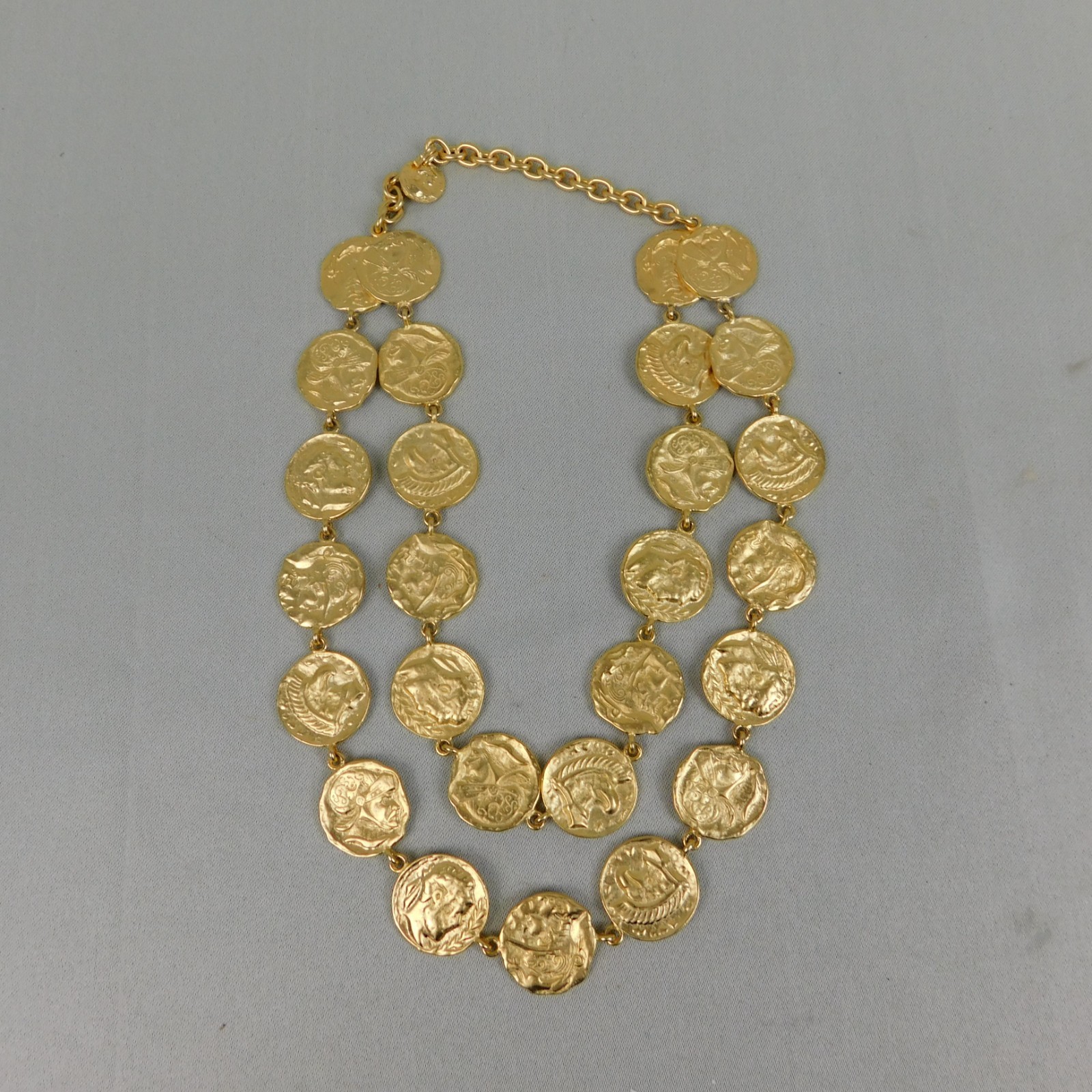 Vintage 1980s Gold Tone Double Strand Roman Coin Necklace #77