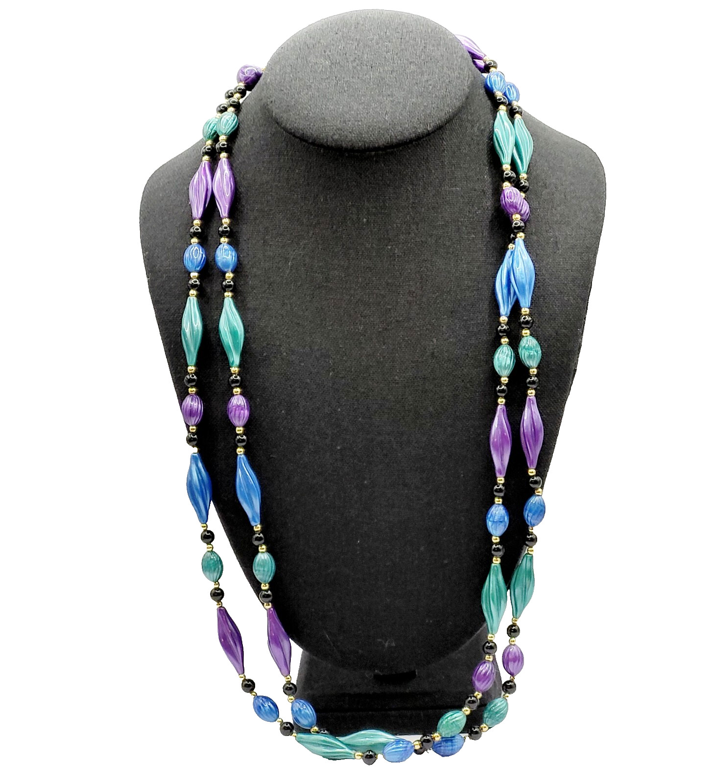 Peacock Colors Purple & Blues Gold Tone Acrylic Lucite Beaded Vintage Necklace