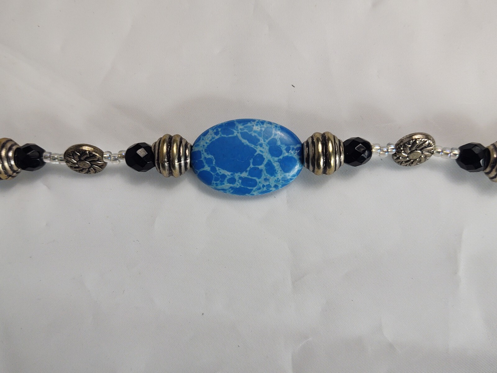 Vtg Beaded Necklace Toggle Closure Blue Black Silver Tone Beads Costume Jewelry