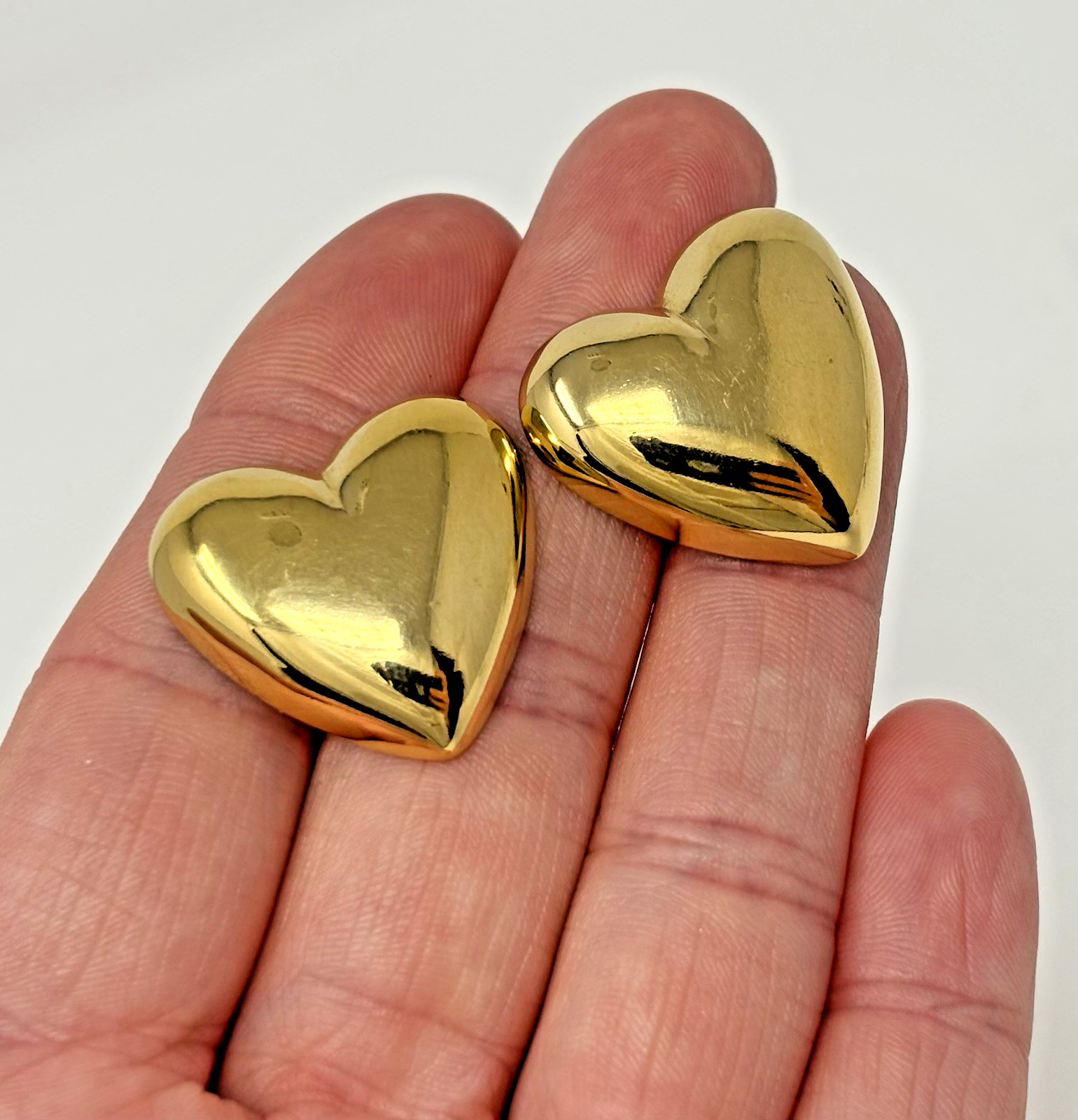 Vintage Estate Large 80s 90s Puff Heart Stud Earrings Bold Gold Tone 1″