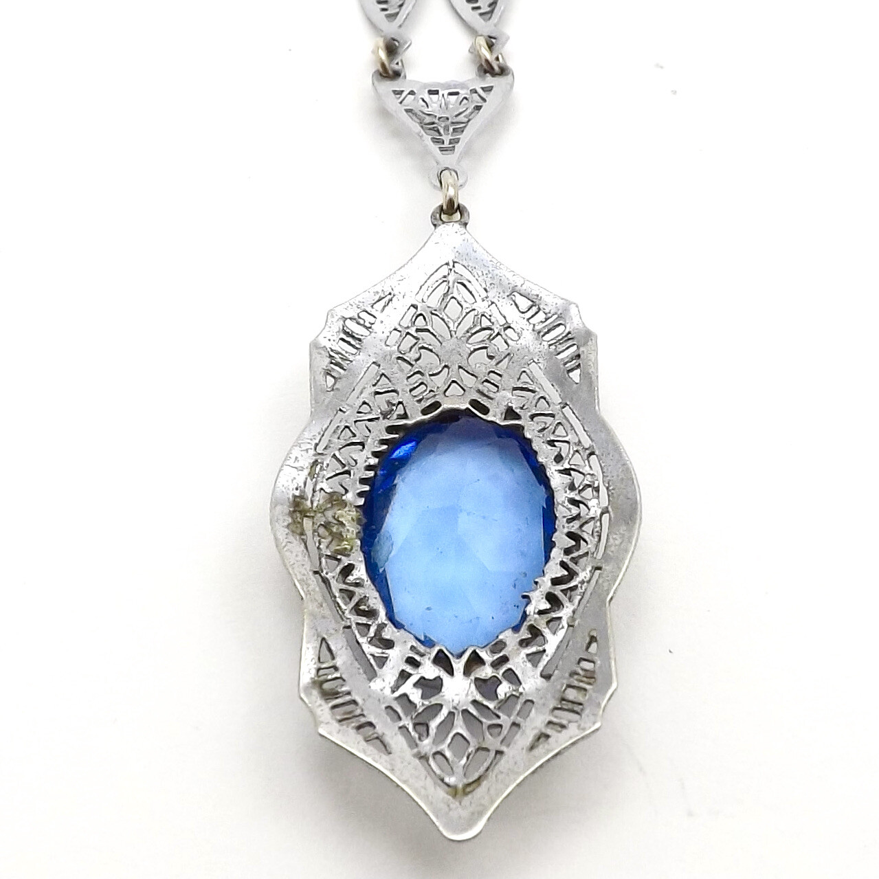 Art Deco Rhodium Blue Glass Pendant Necklace 15 To 17in