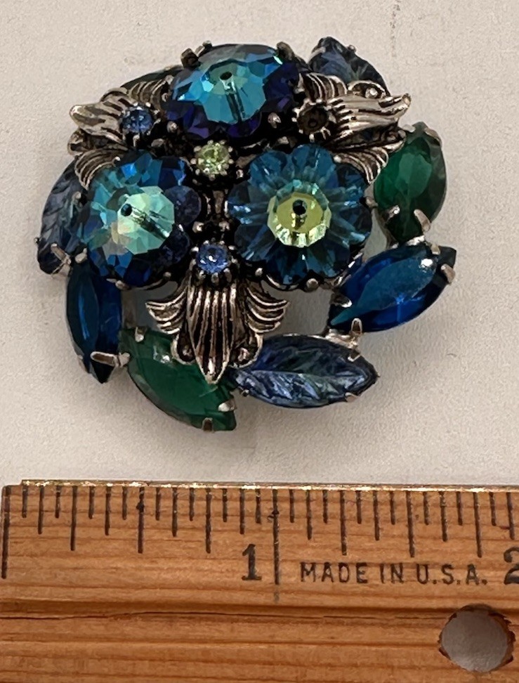 Vintage Unsigned MCM Silver Tone Blue and Green AB Rhinestone Brooch READ