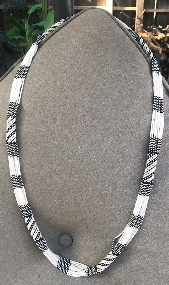 Vintage Native American Hand Beaded White And Black Sead Bead Necklace 42″ Long