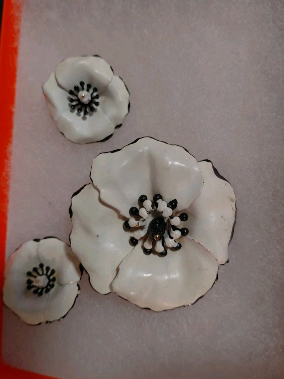 Vintage Signed ART Brooch White Black Peony Enamel Flower &Clip Earring 60 era