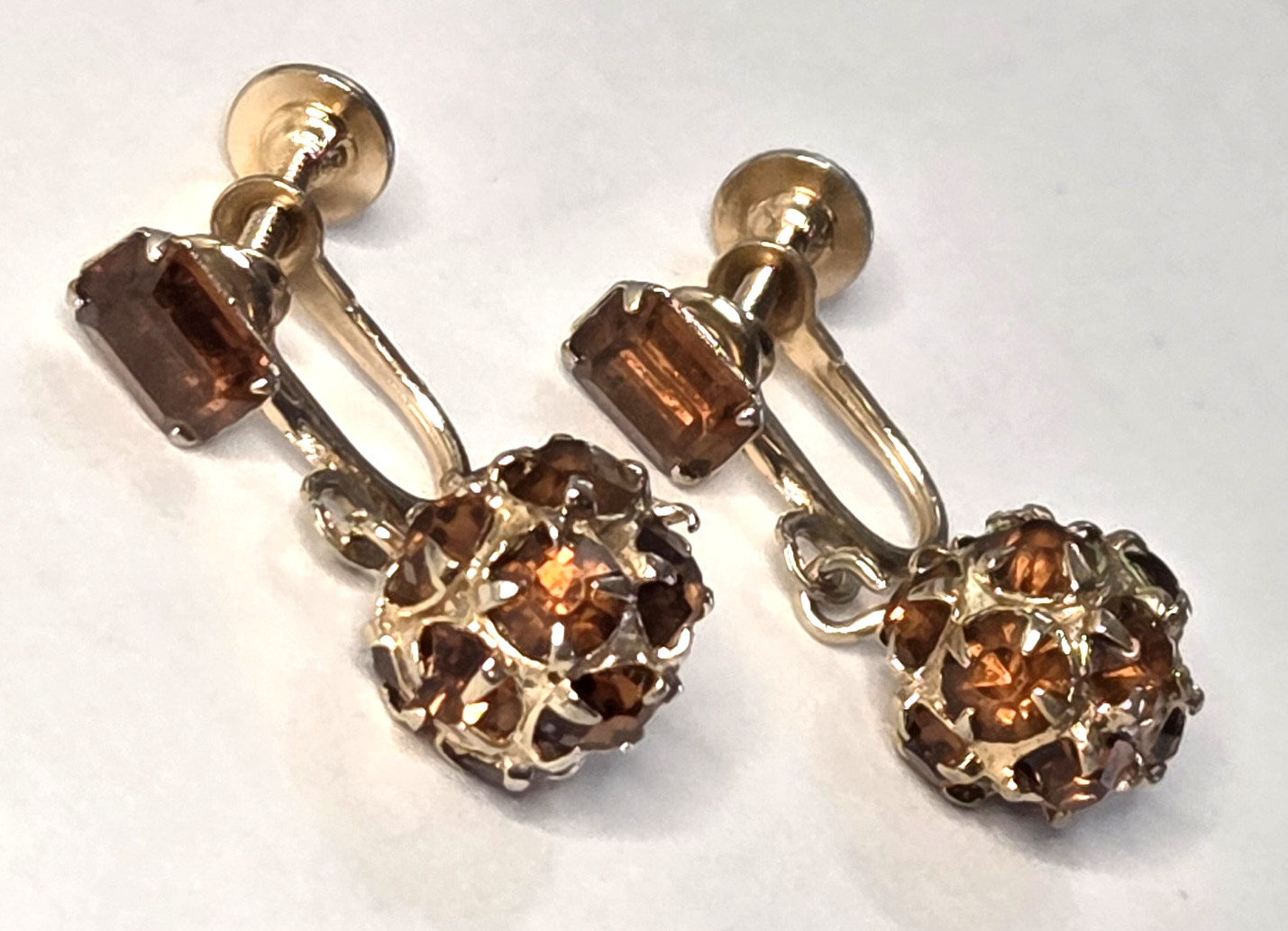 Vtg WEISS Topaz Color Rhinestone Ball Earrings Gold Tone SIGNED