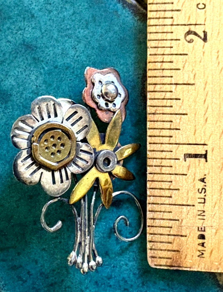 VTG Sterling Silver Brass Copper Flower Bouquet FAR FETCHED Adorable Brooch Pin