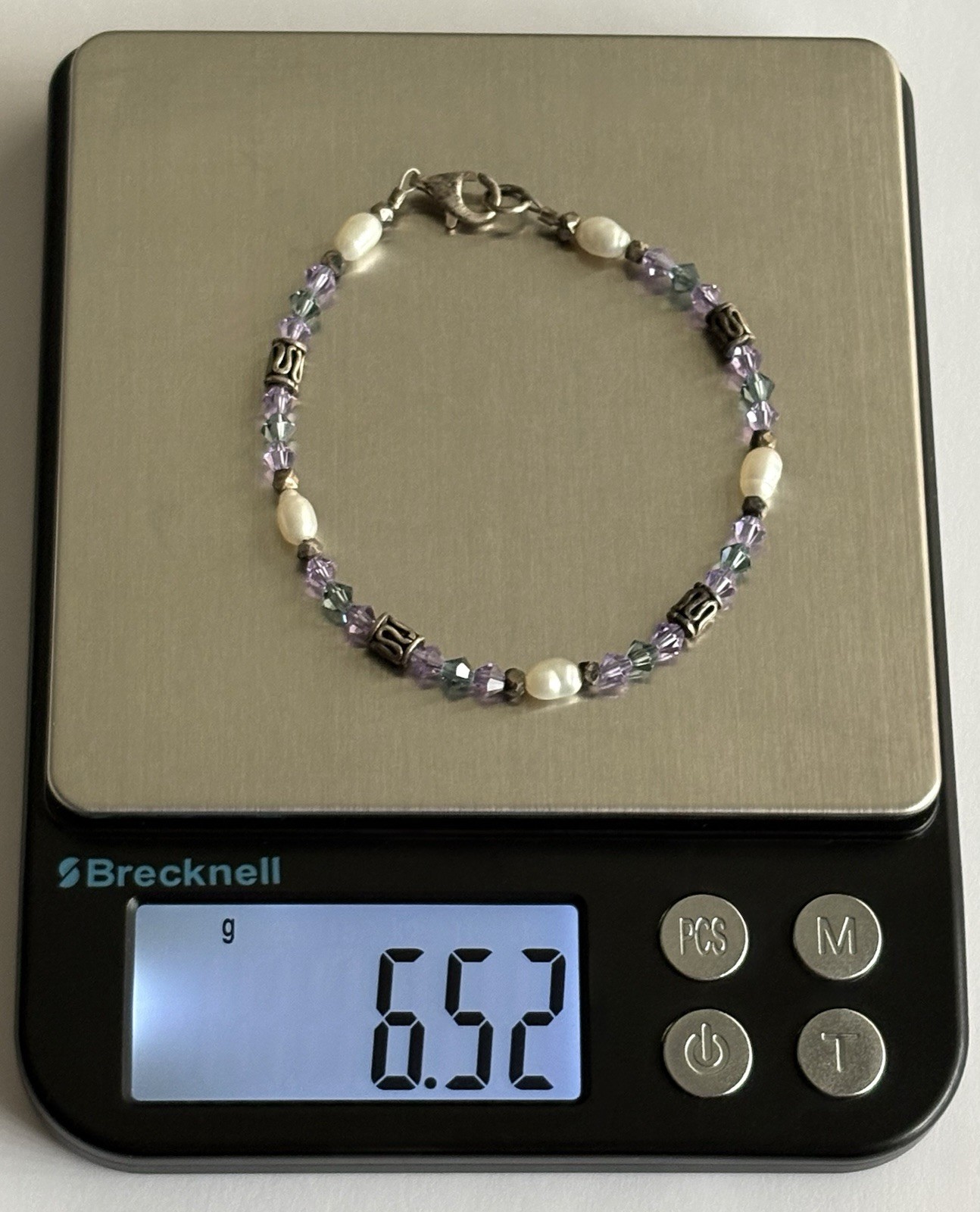 Vintage 925 Sterling Silver Teal and Purple Crystal, Pearl, Bead 7.25” Bracelet