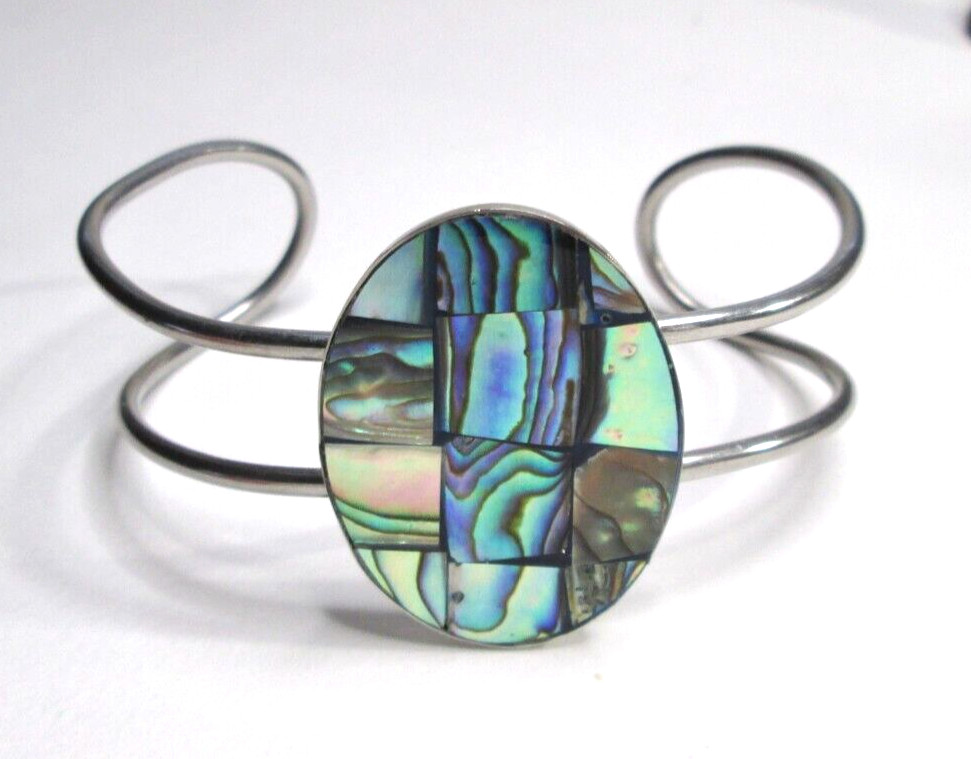 Vintage Blue Green Abalone Shell Cuff Bracelet Silver Tone Retro Boho