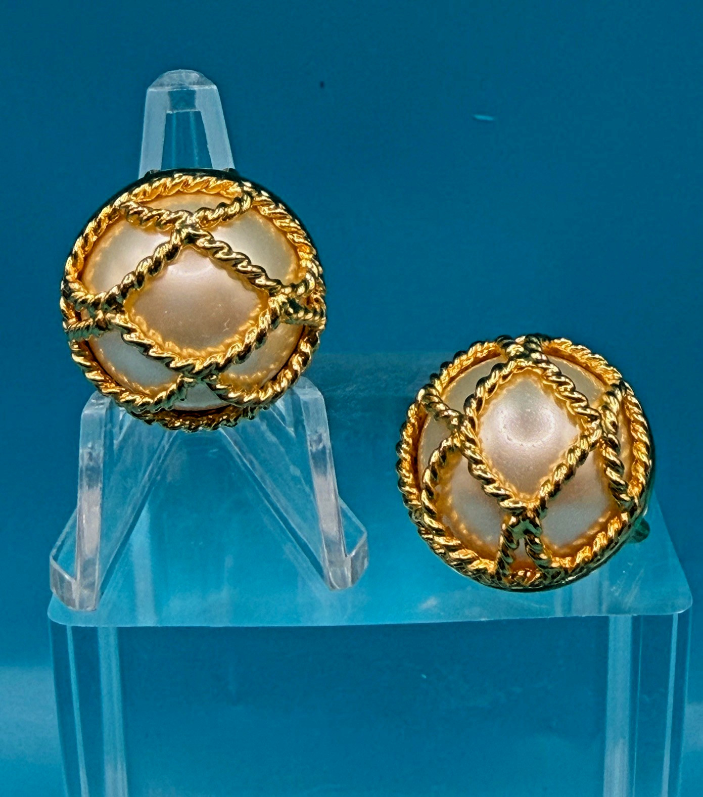 Vintage Joan Rivers Cage Earrings White Faux Pearl Gold Tone Clip-Ons Signed