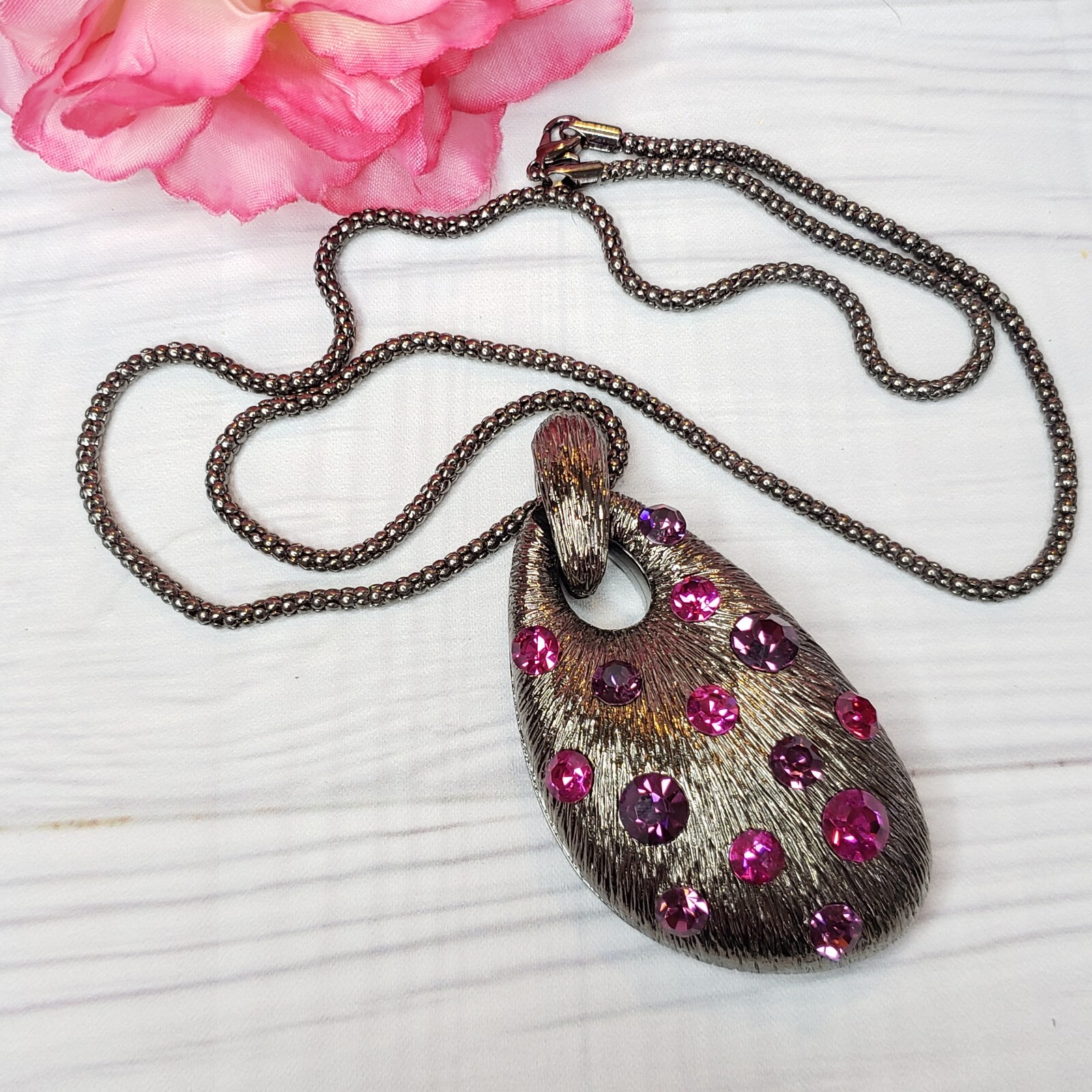Pink Purple Rhinestone Large Pendant Necklace Gunmetal Tone Chain Statement