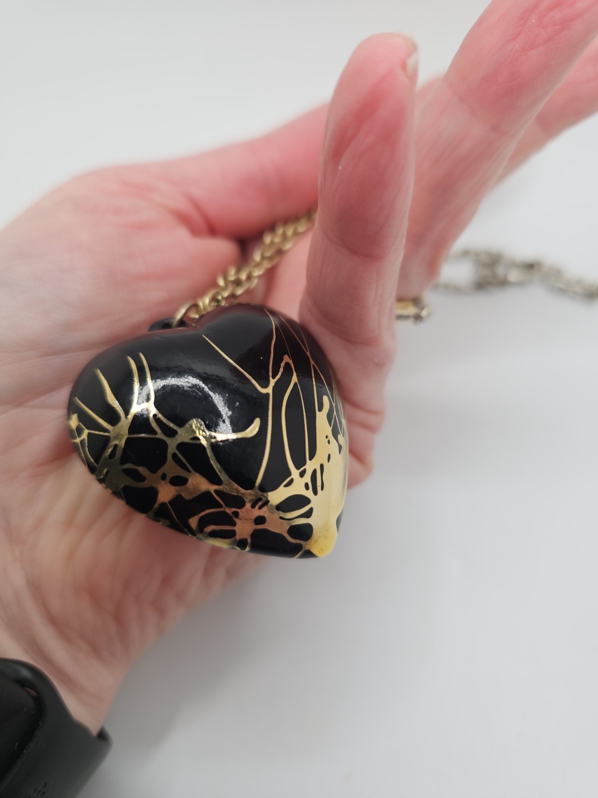 Vintage 80s Punk Black & Metallic Gold Puff Heart Necklace