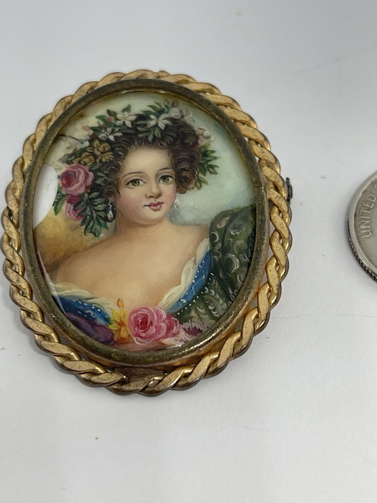 Vintage Gorgeous Hand Painted Lady Portrait on Mother of Pearl Signed Brooch
