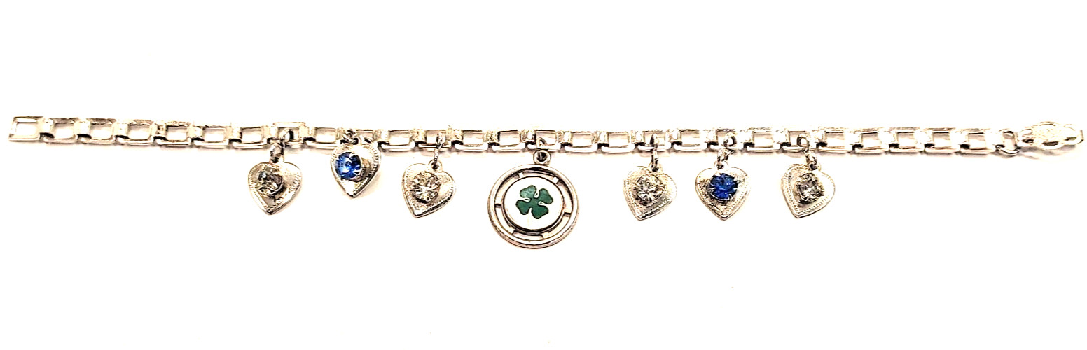 Vtg Sterling Silver Shamrock Bracelet w/Gem Heart Charms Double Flower Box Lock