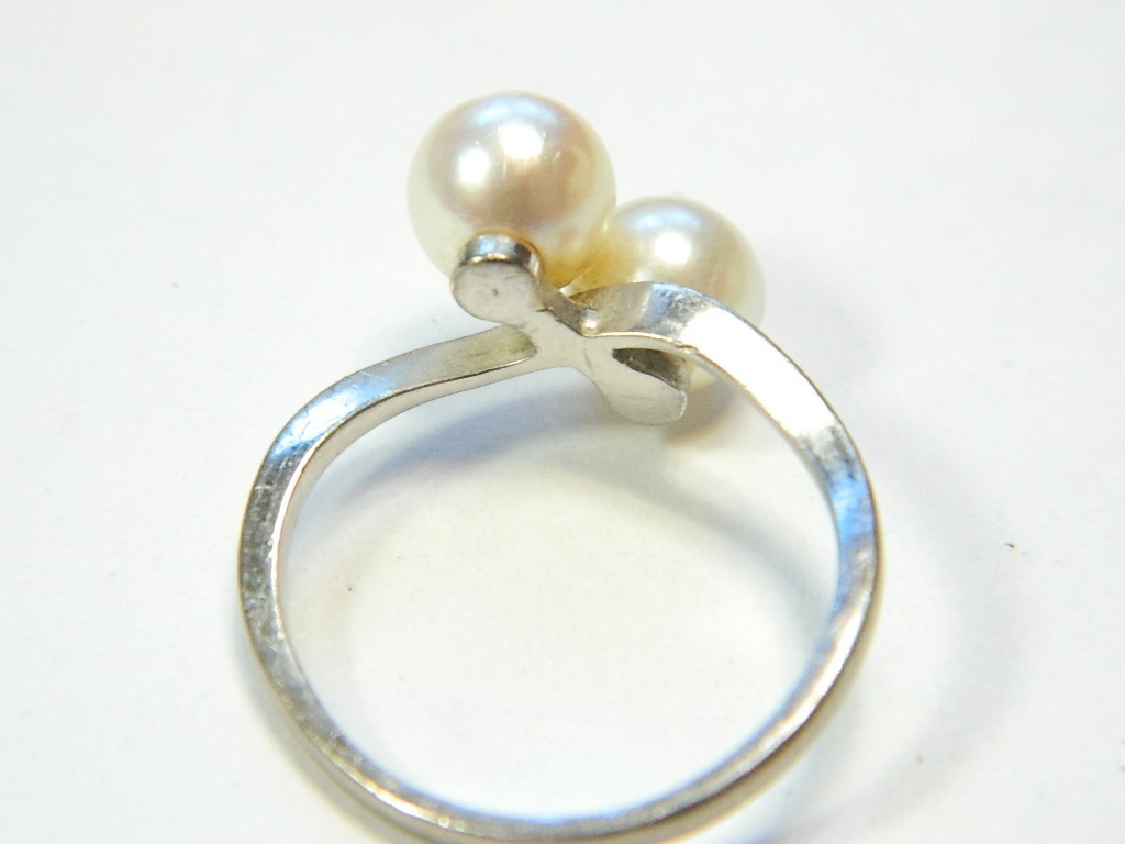 Mikimoto 14K White Gold Two 7mm Pearl Ring Japanese Cultured Size 7