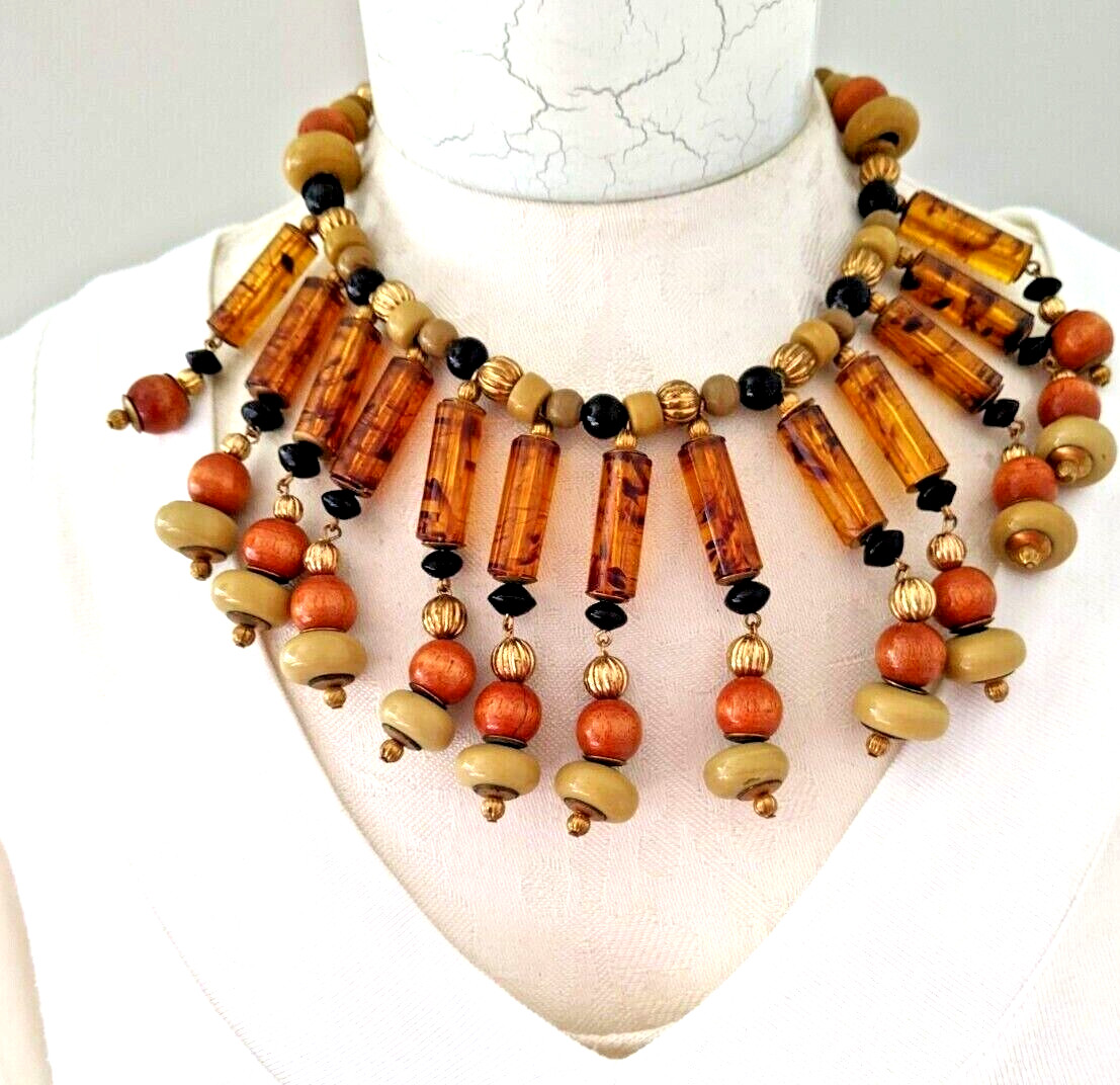 Bold Vintage Cleopatra Lucite, Wood & Gold Beaded Bib Statement Collar Necklace